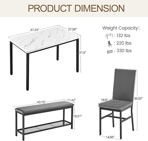 Miniatura 7 de Juego de mesa de comedor para 4, juego de mesa de cocina de mármol sintético de 47.2 pulgadas con sillas y banco tapizados de terciopelo, juego de