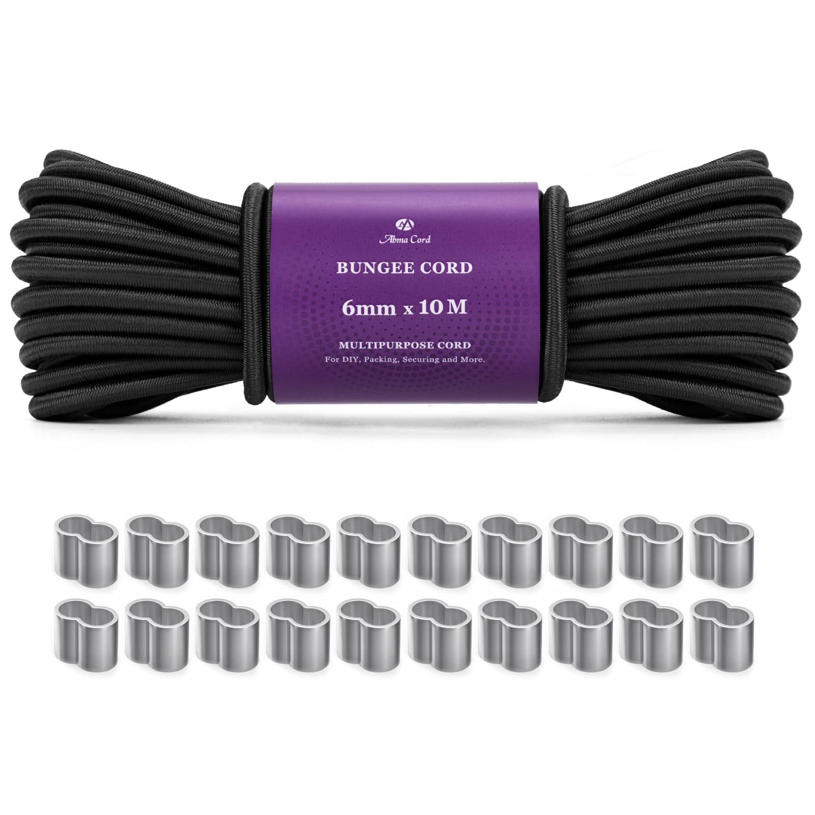 Abma Cord Bungee Cord 6mm 10M Elastic Shock Cord with 20Pcs Crimping Loop Sleeves for Trailer, Tarpaulin, Camping, Tent Pole, Kayak - Black