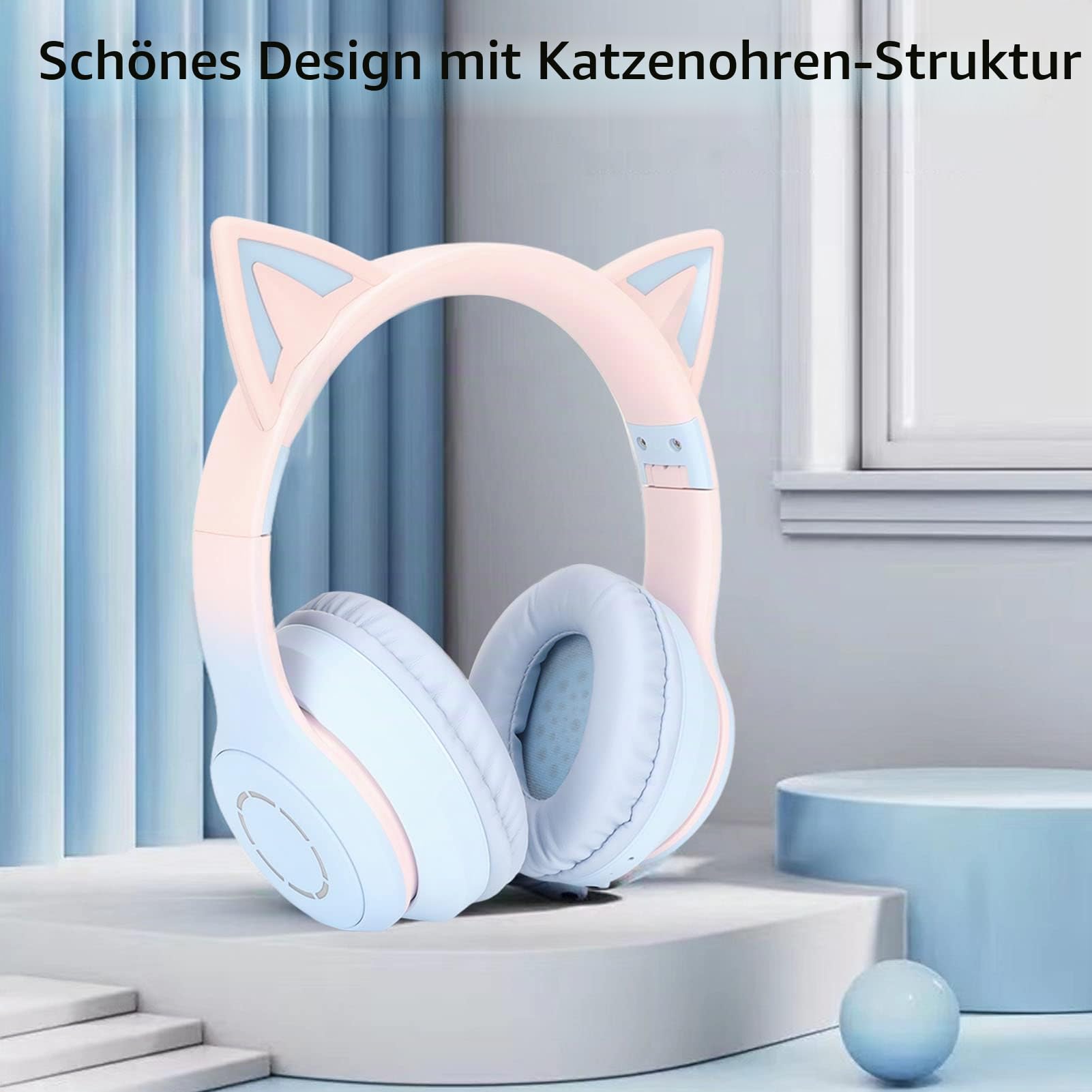 Annadue Gaming Kopfhörer mit Mikrofon, Bluetooth Katzenohr Kopfhörer Kabelloser Kopfhörer mit 3,5mm Aux Kabel, 7 Farben LED Lichter und 4 LED Lichtmodi (Blau)