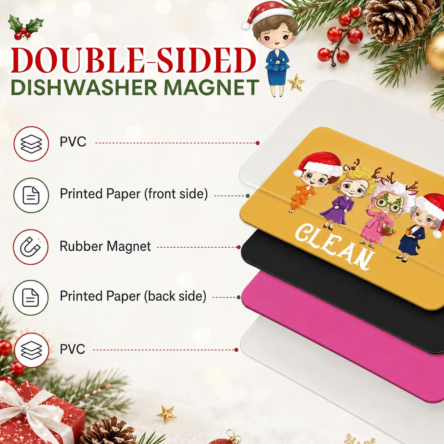 Christmas Dishwasher Magnet, Golden Clean Dirty Indicator Sign image 3