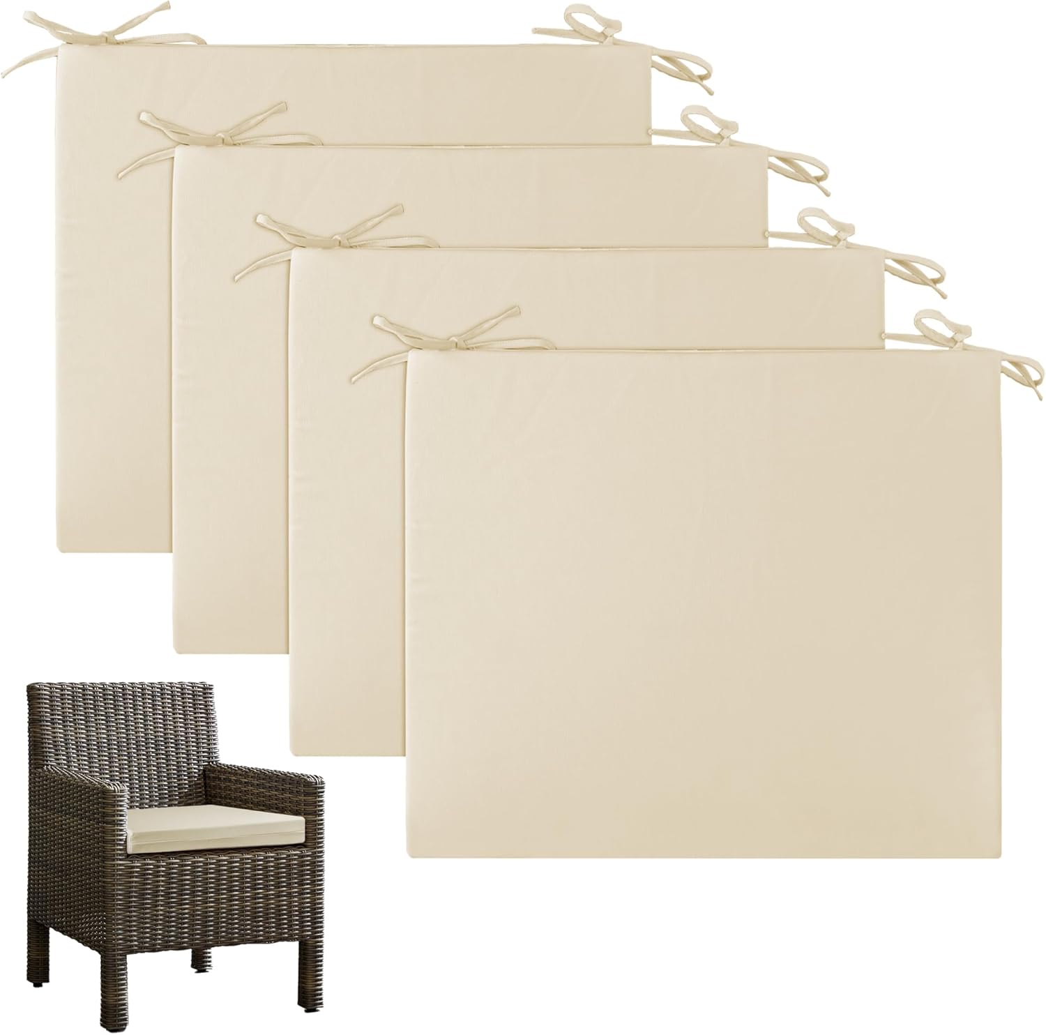 UNIKOME Outdoor Chair Cushions Pack of 4, Water Resistant Patio Cushions with Ties, High Density Sponge Filling Square Corner Seat Cushions for Outdoor Furniture, 18.5"*16"*3", Beige