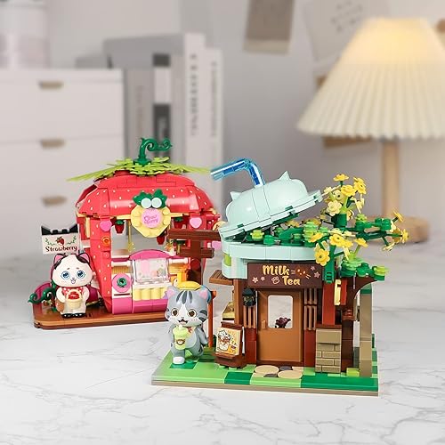 Miniatura 6 de Juego de construcción de tienda de té con leche para gatos, casa de amigos, kit de construcción lindo y creativo, con un gato encantador, juguete de