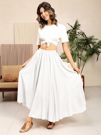 Women Boho Beach A-Line Dress Double Layer Elastic Waist Long Maxi Skirt | Lightweight, Breathable, Bohemian Style, Casual, Vacation Wear, Renaissance Festival, Cottagecore, Feminine Fit