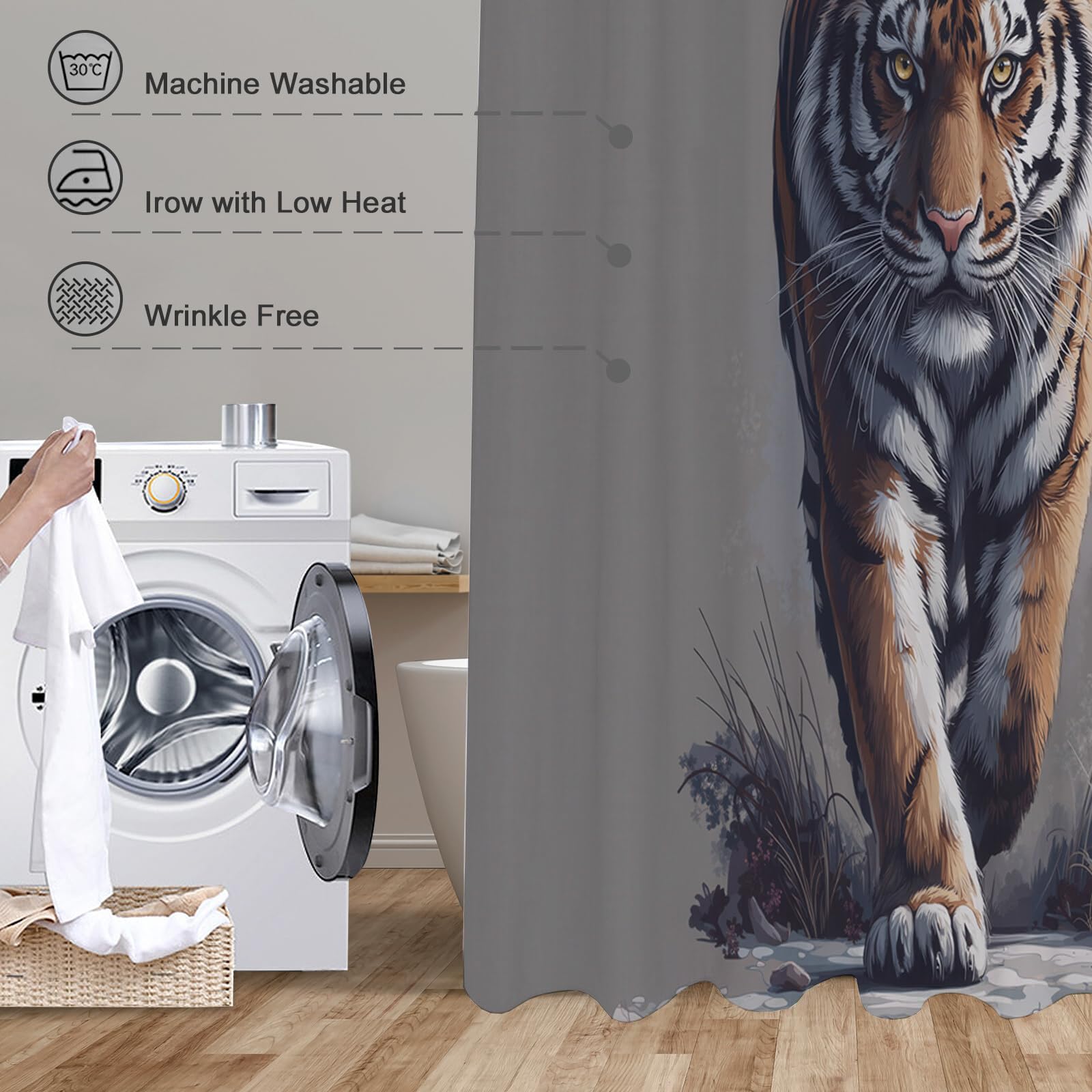 Rideau Douche,Rideau Baignoire Lavable en Machine Rideaux Douche Tissus Lavable Rideau De Baignoire Lavable pour Salle De Bain Domicile Baignoire Famille,Puissant Tigre De Sibérie,