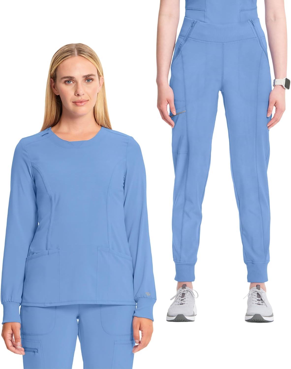 Cherokee Women's Scrub Set, Long Sleeve Round Neck Scrub Top CK781A with Mid Rise Jogger Pants CK110A