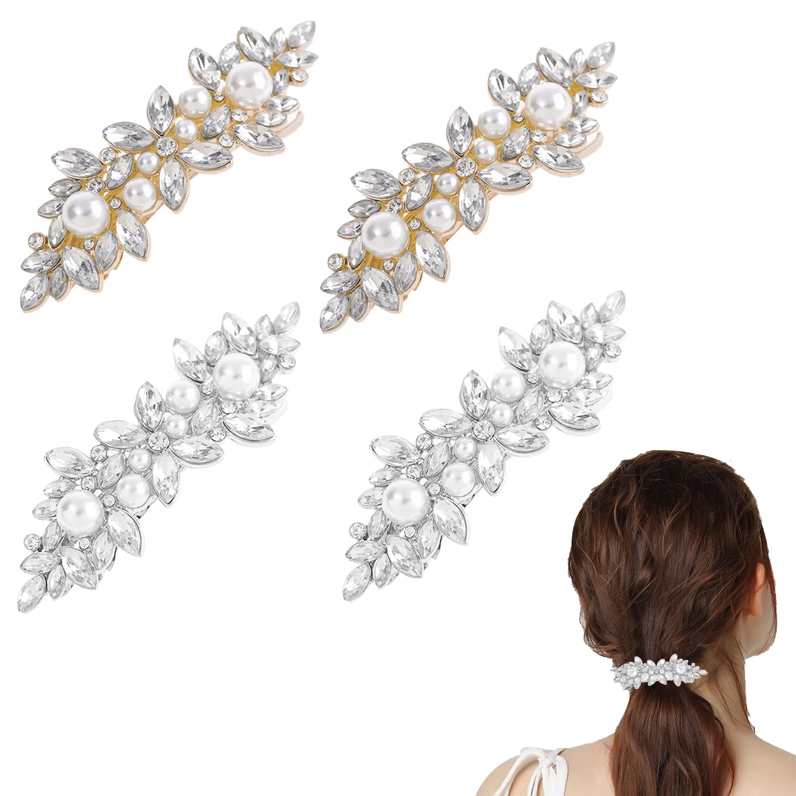 4 PCS Pearl Rhinestone Barrettes for Women, French Rhinestone Pearl Hair Clips Bridal Hair Pins Decorative Hair Accessories Bridesmaid