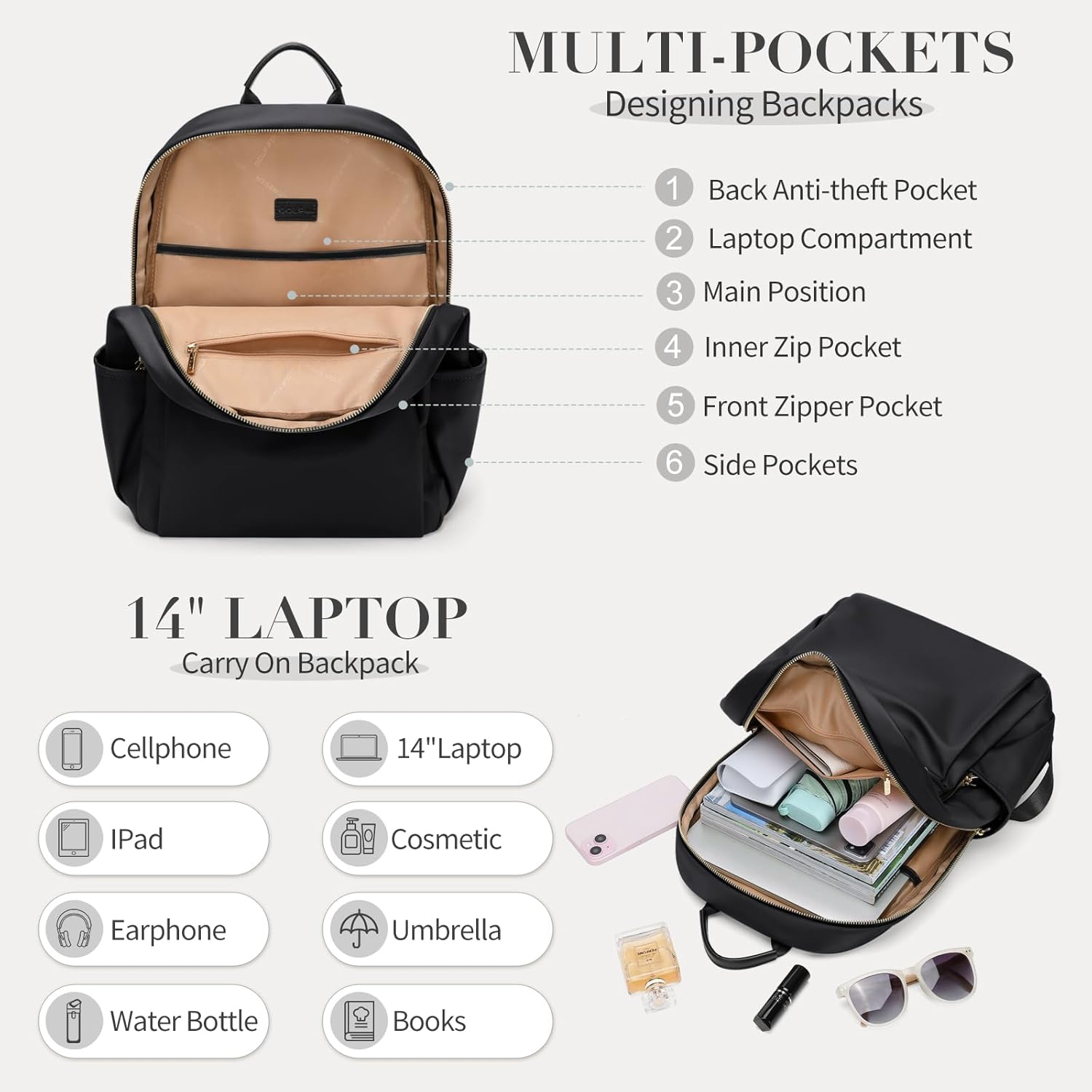 GOLF SUPAGS Stylish Laptop Backpack for Women Computer Bag Fits 14 Inch Notebook Travel College Work Backpacks Purse (Black) - Image 4