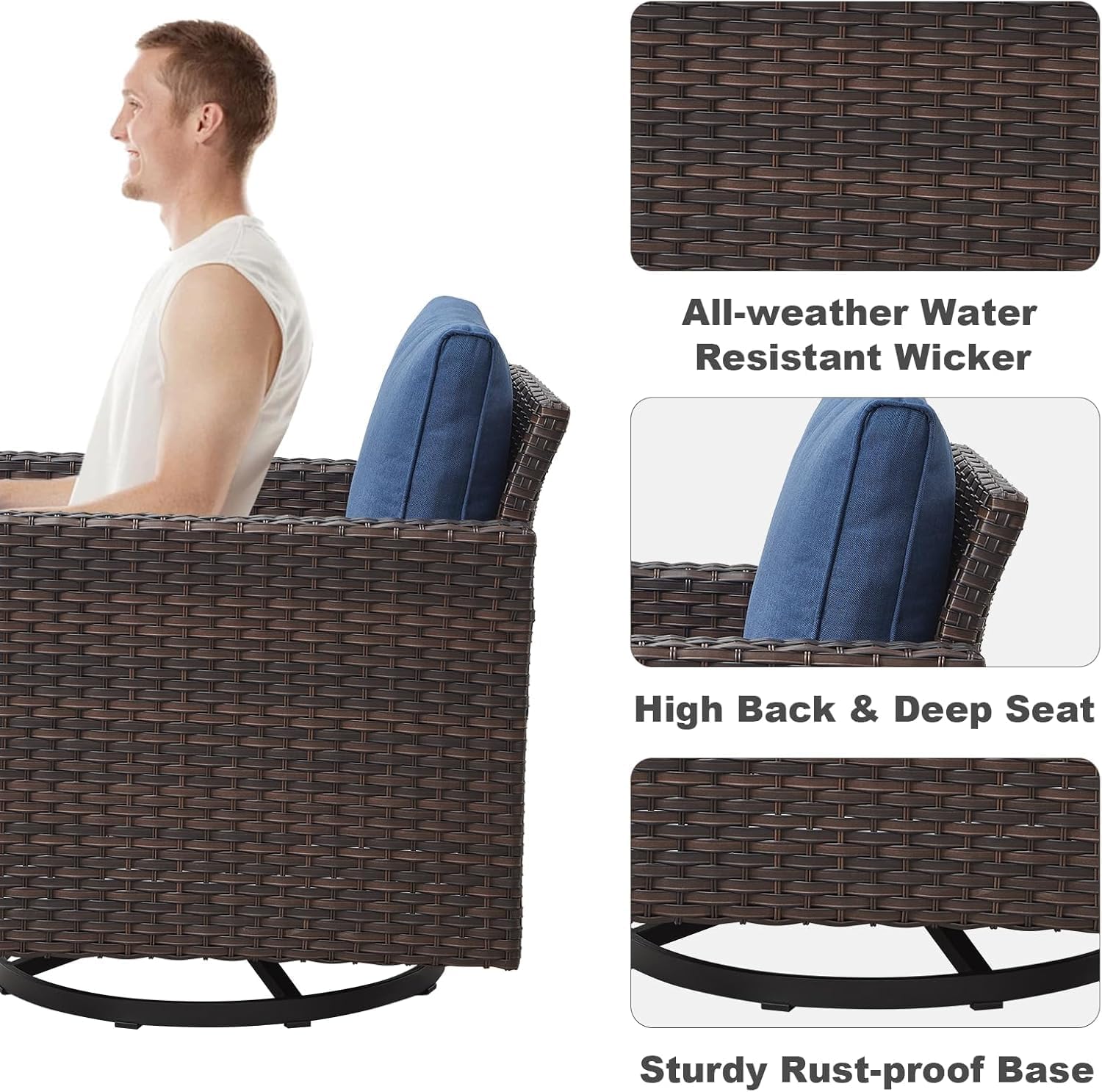 Wicker Patio Furniture Set: 6 Piece Outdoor Patio Furniture Set with Swivel Chairs, Includes 2 Swivel Patio Chairs, 1 Outdoor Couch, 1Side Table and 2 Ottoman, Brown/Blue