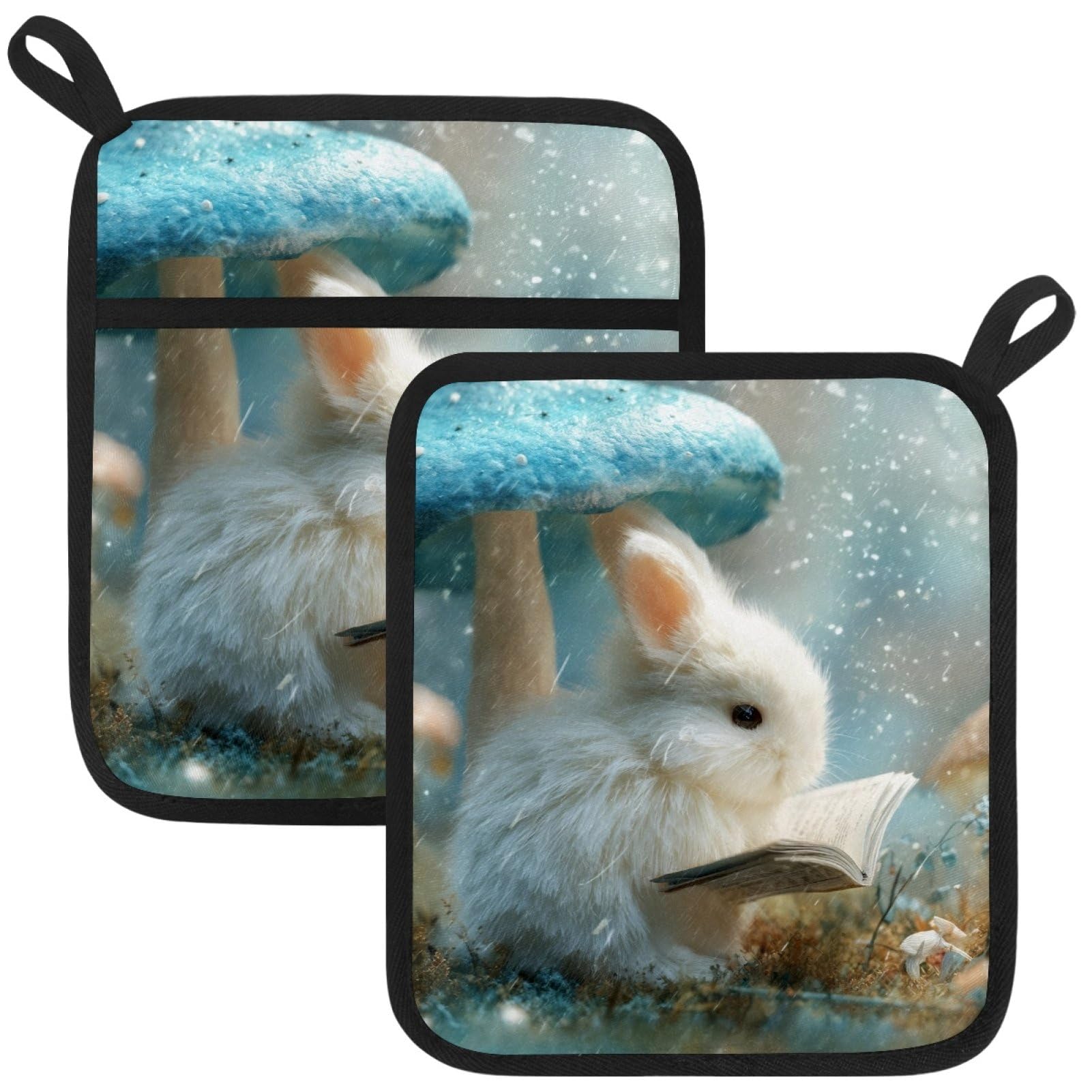 VAPOKF Mushroom Rabbit Heat Resistant Pot Holders, Thick Pot Holders Pad with Hanging Loop for Kitchen, Oven Cloth Pads for Kitchen Baking Microwave Oven