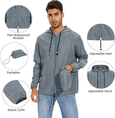 Miniatura 2 de Zando Chaqueta impermeable plegable para hombre, impermeable, con capucha, rompevientos para exteriores, chaquetas de lluvia de viaje