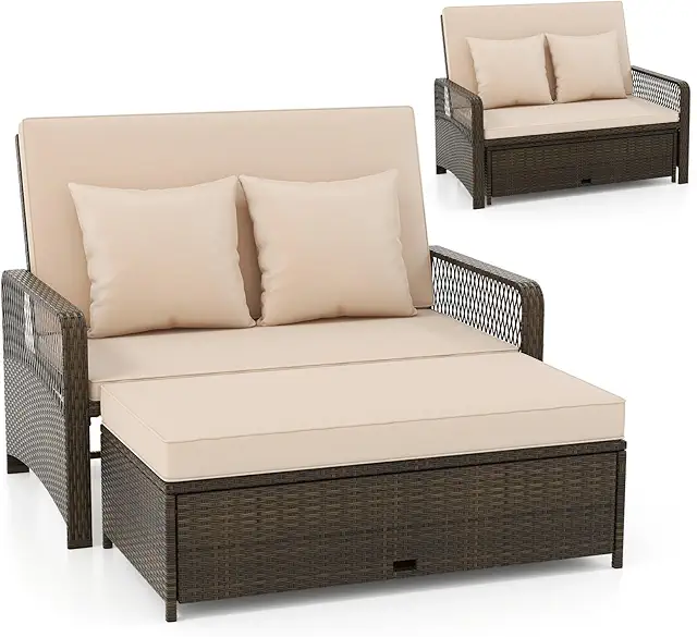 Costway Beige Wicker Loveseat Daybed with Adjustable Backrest & Storage Ottoman