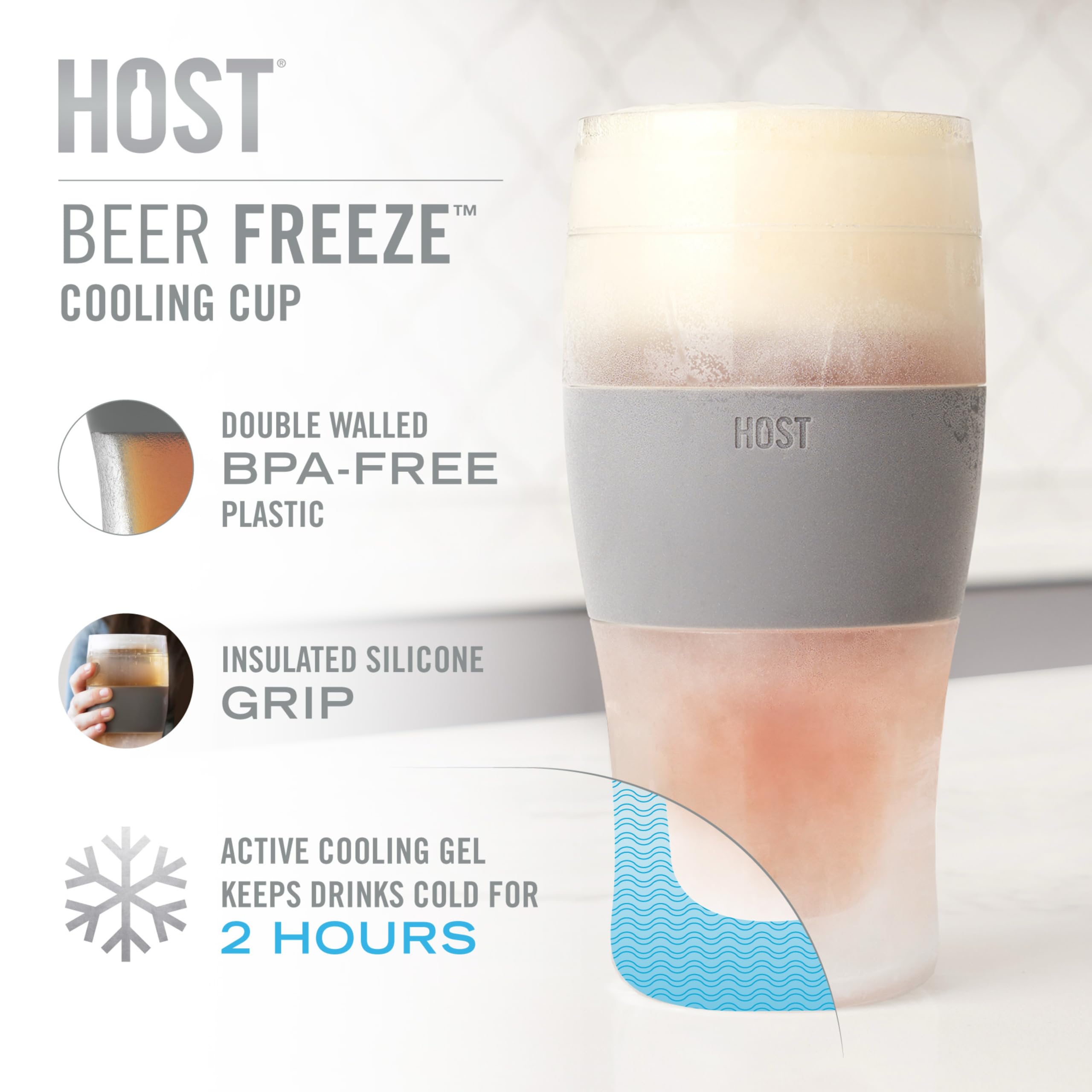 Host Beer Freeze, Copa enfriadora para Cerveza y mas de plástico Aislante de Doble Pared congelable con Gel refrigerante, EEUU Pinta de Cerveza congelada, Juego de 2, 16oz (473 ml)- Negro/Gris(10017)