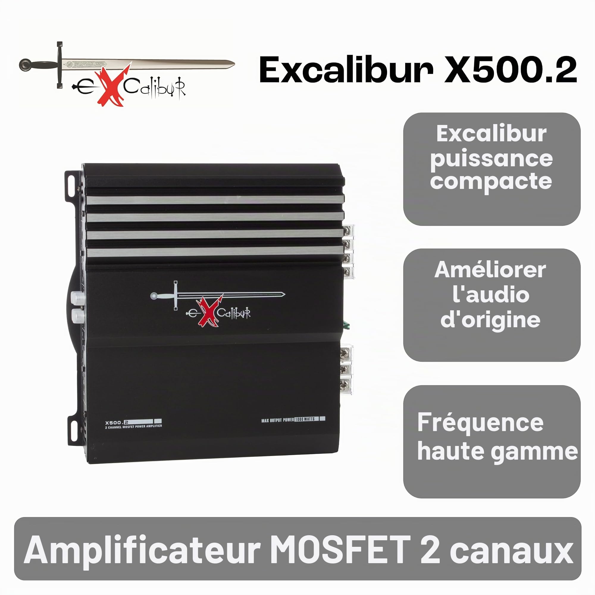 Excalibur X500.2 - Amplificateur Audio Voiture De Puissance 2 Canaux- Autoradio Ampli HiFi Stéréo 2 x 500 Watt ou 1x 150 Watt RMS - MOSFET 1000 Watt Max, Noir
