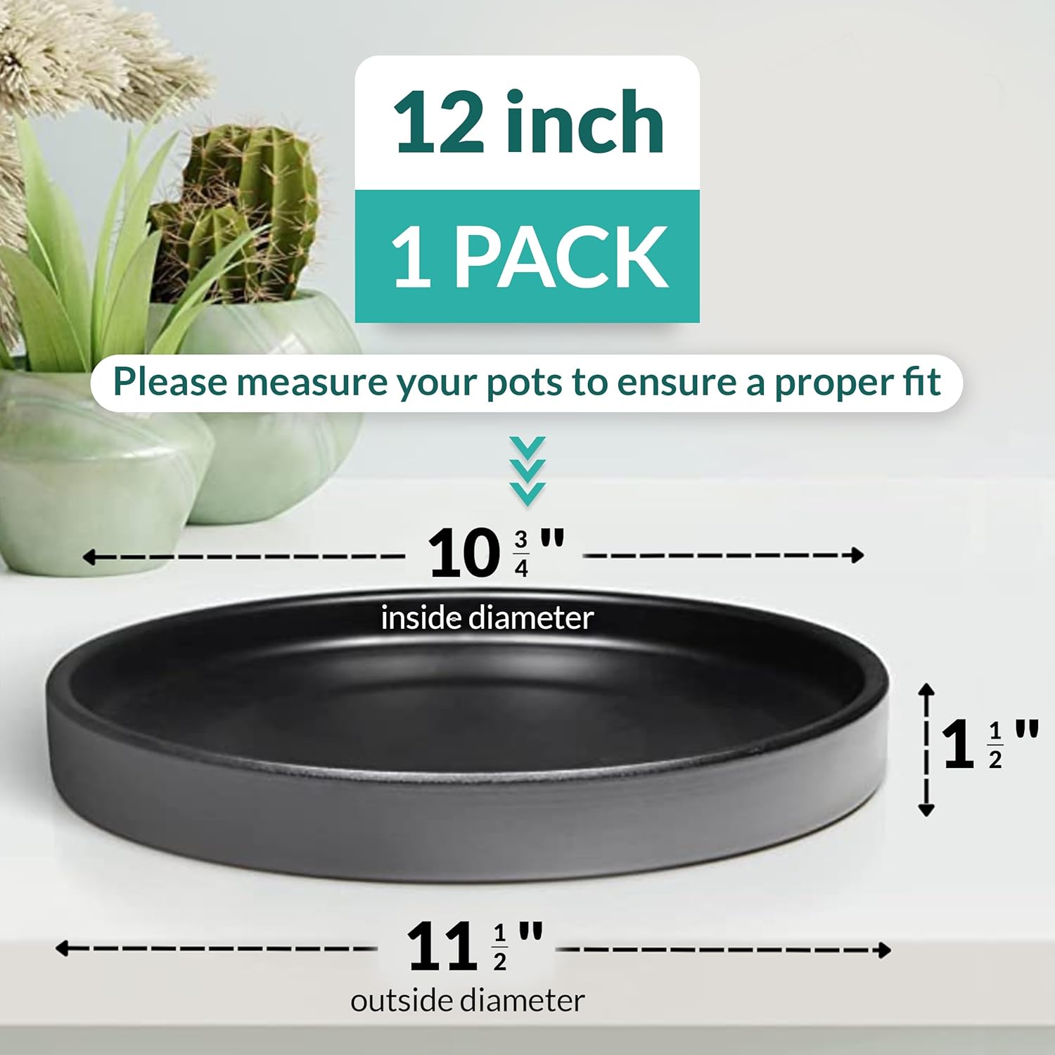 Heavy Duty Ceramic Plant Dish - with Silicone Feet for Added Surface Protection - Scratch-Resistant Plant Saucers, Pots 10.75" at the Base or Less, Flower Pot Saucers, Pebble Tray for Plant Humidity