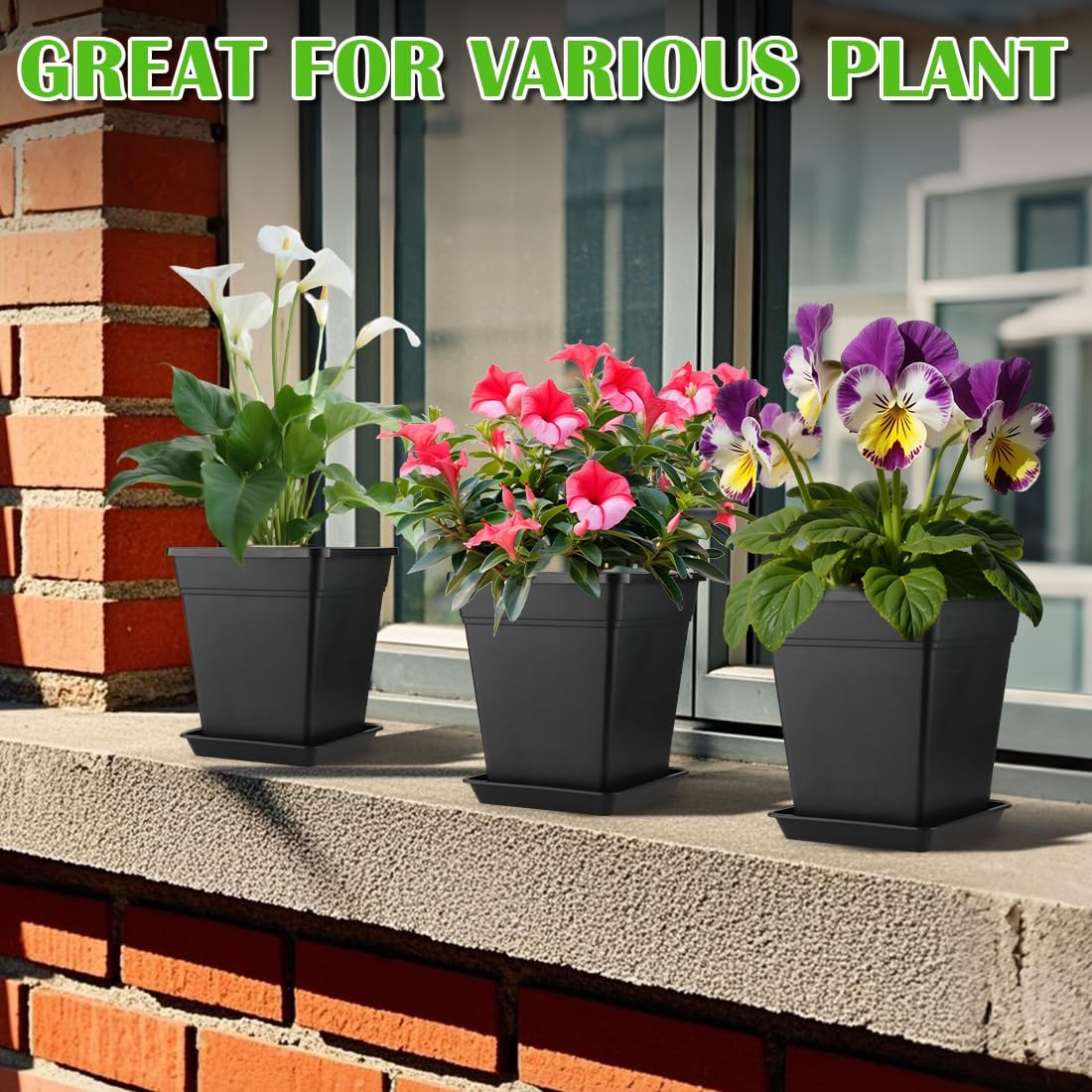 6 inch Plant Pots, 10 Pack Flower Pots Outdoor Indoor, Square Plastic Planter with Drainage Holes and Saucers, 0.5 Gallon Planter Pots for Plants Deep Capacity Garden Pot Container with Tray