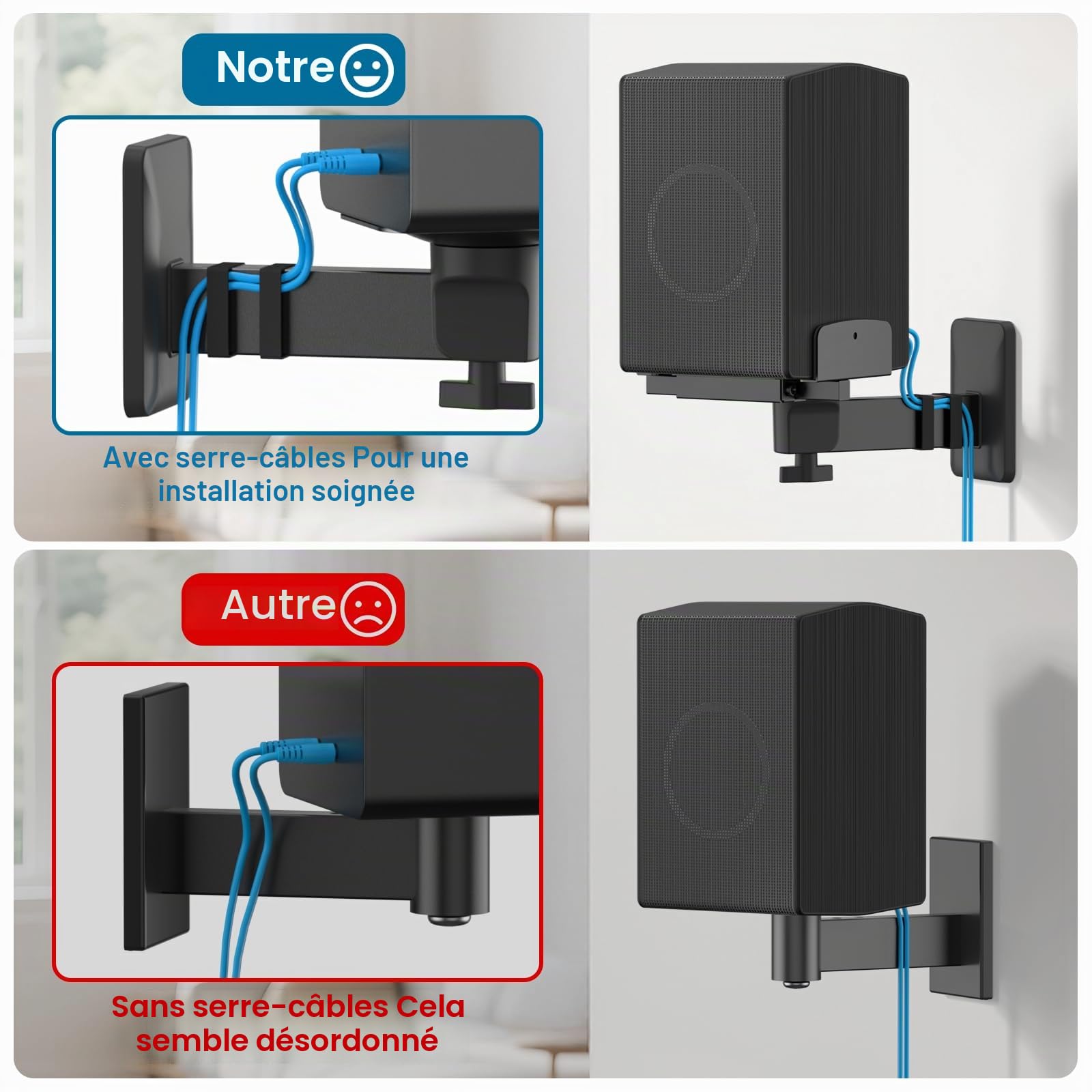 Supports muraux réglables pour Enceintes d'étagère – morsets latéraux Doubles – pour Klipsch, Bose, Edifier, Yamaha, Polk, KRK – avec Serre-câbles – Lot de 2