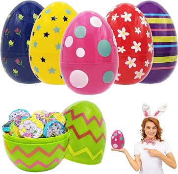 Chochkees Jumbo Painted Fillable Easter Eggs, Perfect for Easter Egg Hunt, Surprise Egg, Assorted Colors, 6" Giant Painted Fillable Easter Eggs 6-Pack