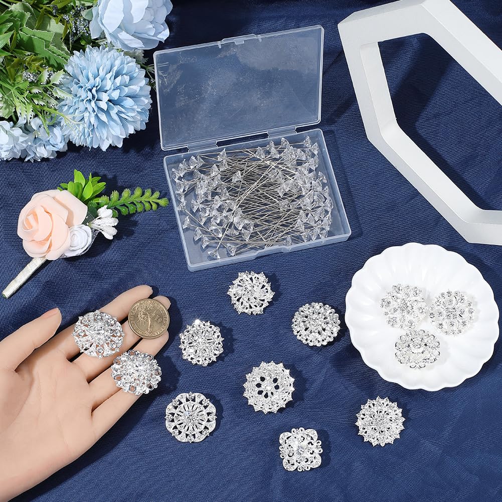 113 broche de Plata con Diamantes de Imitación Broche de Flores Alfiler de Ramo con Cabeza Recta Flores A Granel Ramillete Kit de Joyería para Boda Accesorio Insignia de Solapa Decoración DIY