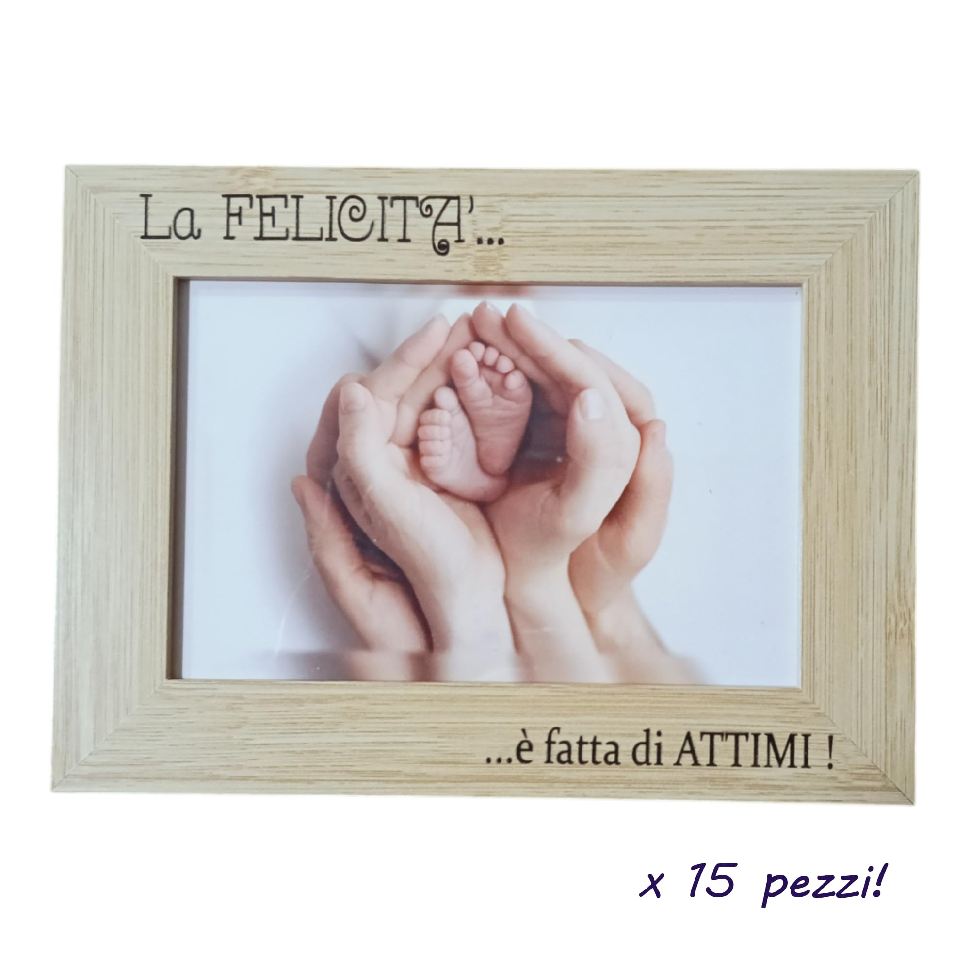 Bomboniere Battesimo Maschio Bomboniere Battesimo Bambina Cornice in Legno Naturale o Bianca Regalo Nascita in Scatola con Fiocco Regalo Neonato con Incisione Frase Felicità13x18 cm (15 pezzi)