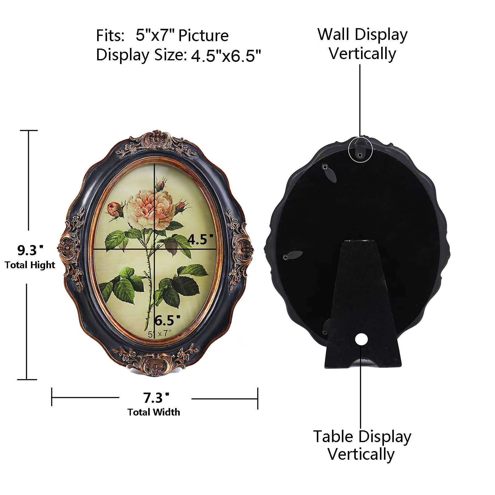 SIKOO Vintage Picture Frames 5x7 Oval Picture Frame Tabletop and Wall Mount Antique Picture Frame with High Definition Glass Front,Oval Wall Art Decor, Black and Gold