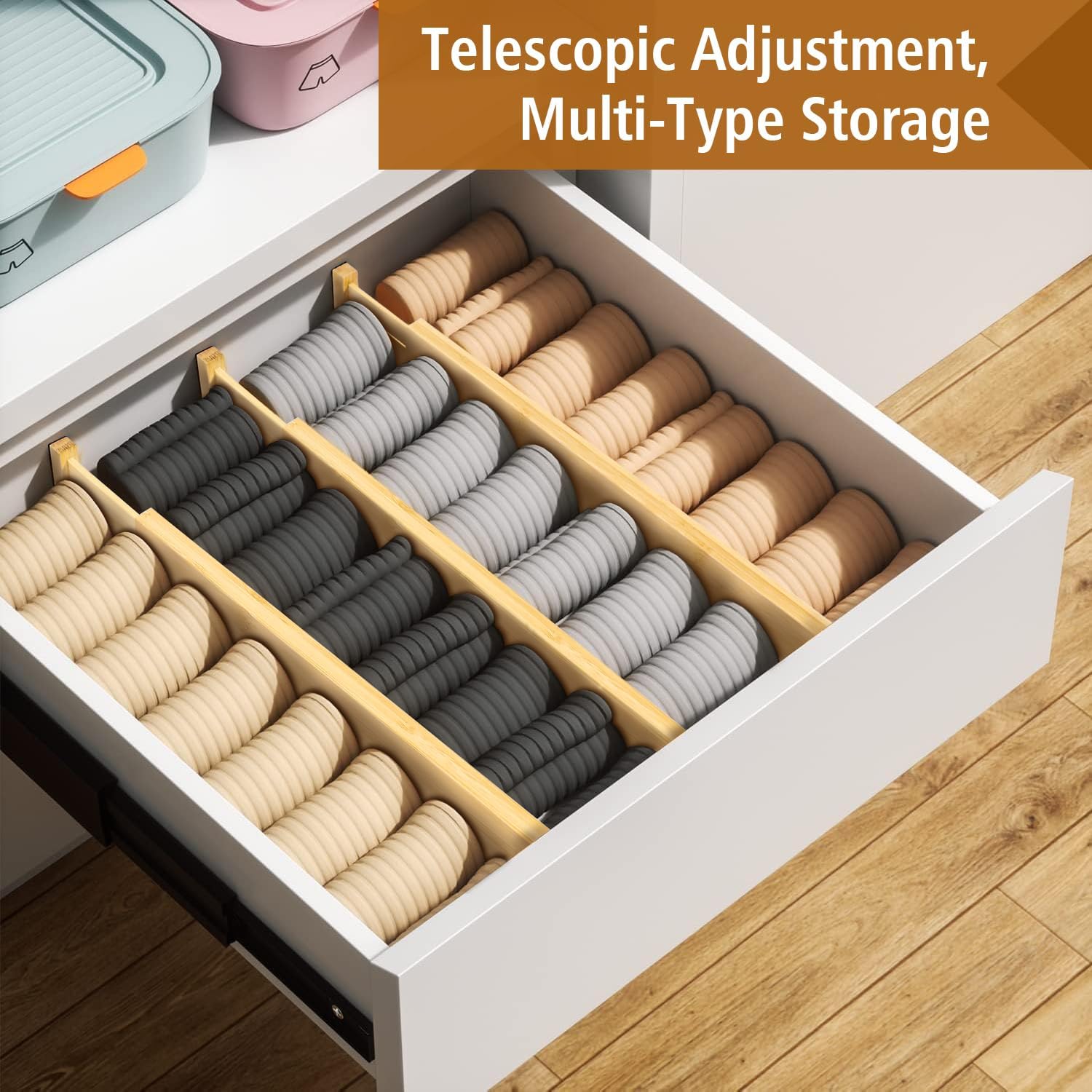 6 PACK Bamboo Drawer Dividers with Labels, Kitchen Drawer Organizers, Expandable Organization for Kitchen Bedroom Bathroom Dresser Office (Natural, 17-22 in)
