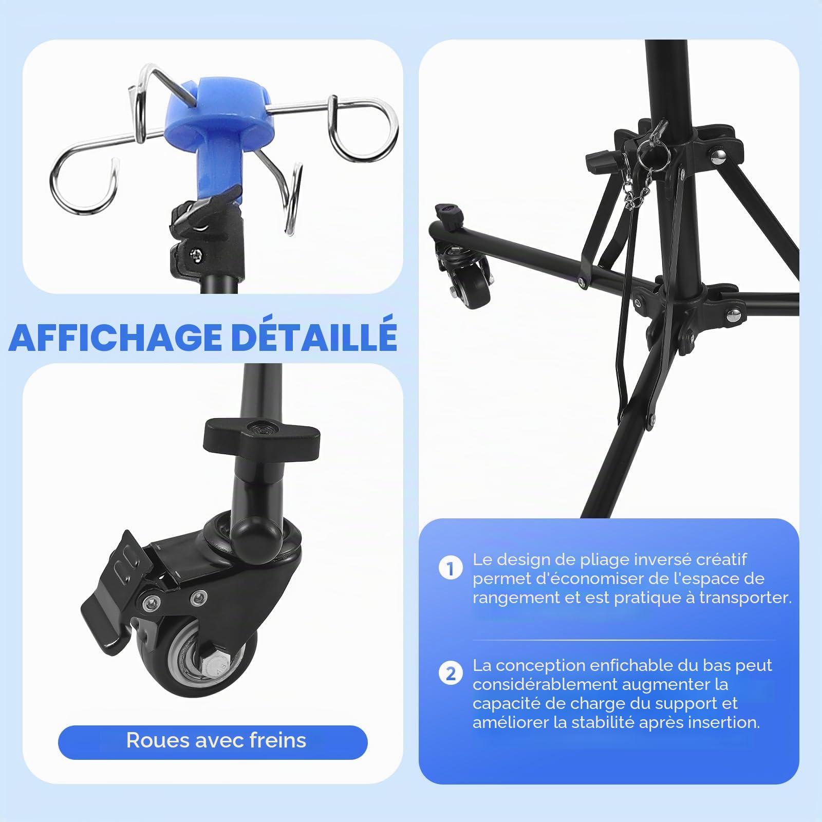Support Perfusion Mobile Pliable, Potence Perfusion Réglable 85-190 cm avec roulettes à 360° et Freins, Pied à Perfusion 4 Crochets en Alliage d'Aluminium pour Hôpital et Soins à Domicile