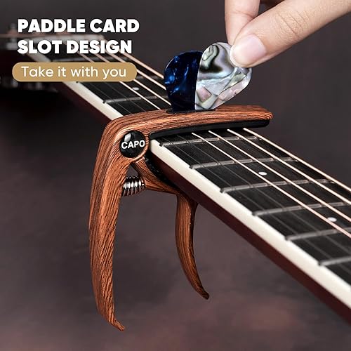 Miniatura 10 de Cejilla de guitarra, cejilla de metal de zinc 3 en 1 para guitarras acústicas y eléctricas (con soporte para púas y 4 púas), ukelele, mandolina,