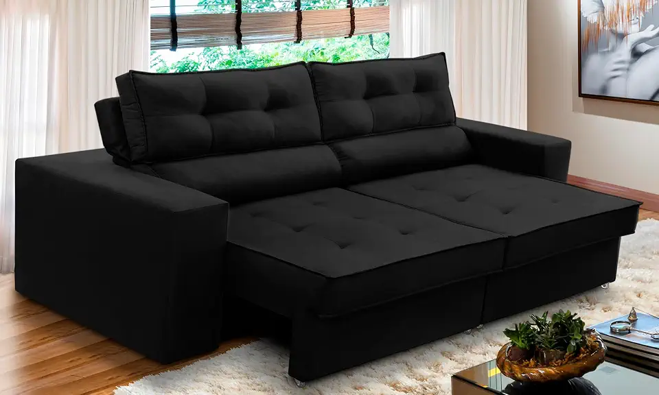 Sofá Retrátil e Reclinável 2 lugares 1,50m com Molas Mirela Suede Preto Adonai Estofados