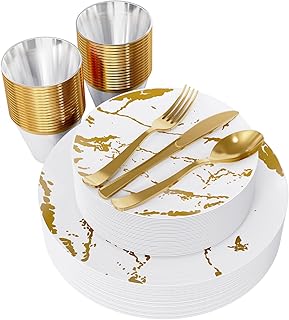 JOLLY PARTY 180PCS Disposable Dinnerware Set 30 Guest, 60 White and Gold...