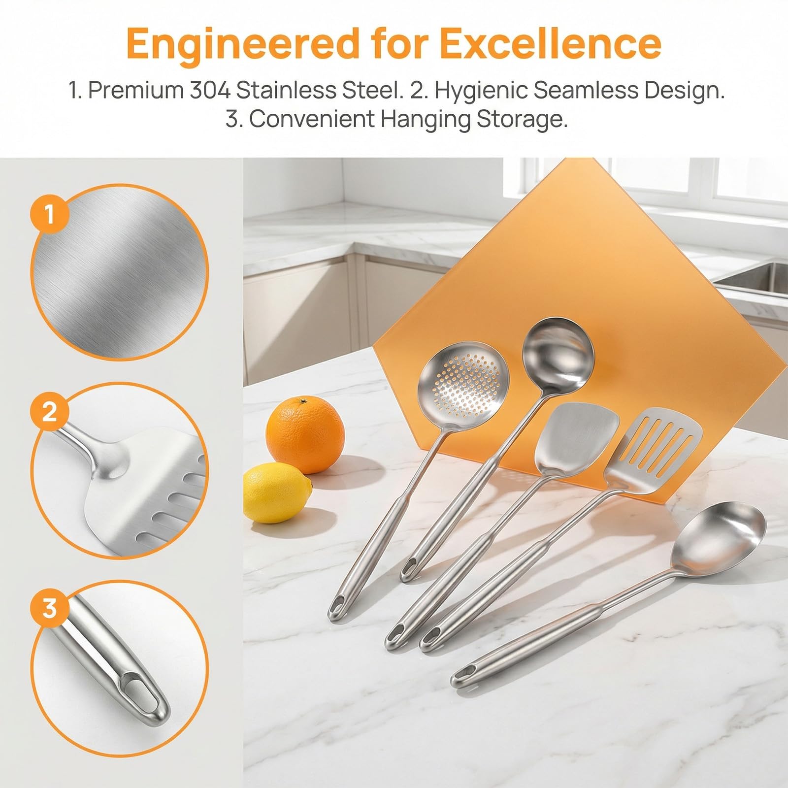 304 Stainless Steel 6 Piece Kitchen Utensils Set, Ergonomic | Anti-Scratch Cookware for Stoves, Long Handle, Heat Resistant, Dishwasher Safe, Ideal for Wok & Cooking