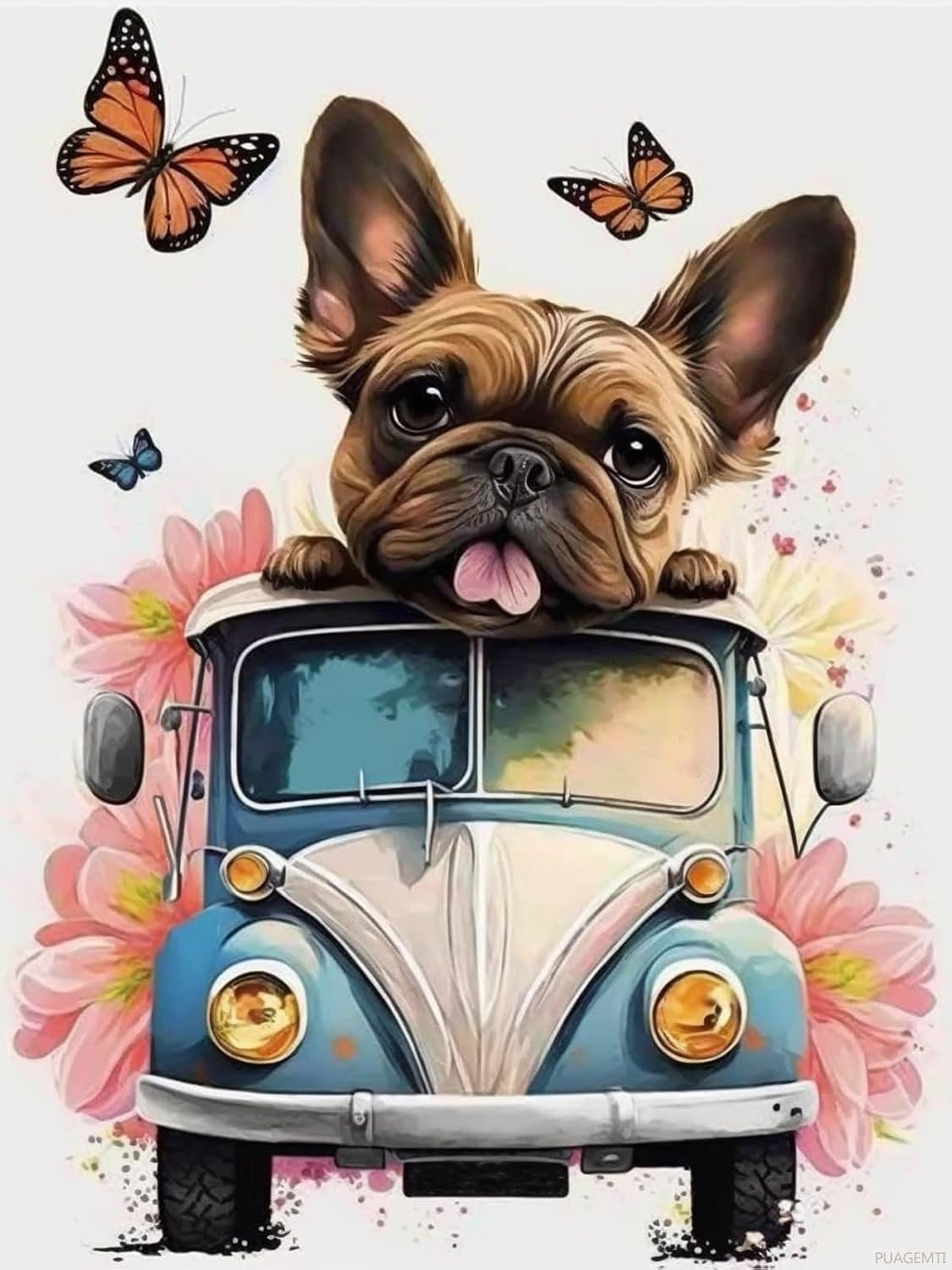PUAGEMTI Funny French Bulldog Dog Truck Diamond Art Painting Kits for Adult, Animal 5D Diamond Art for Adults, Round Drill Painting by Diamonds Art and Crafts for Home Wall Decor Gift 12x16 Inch