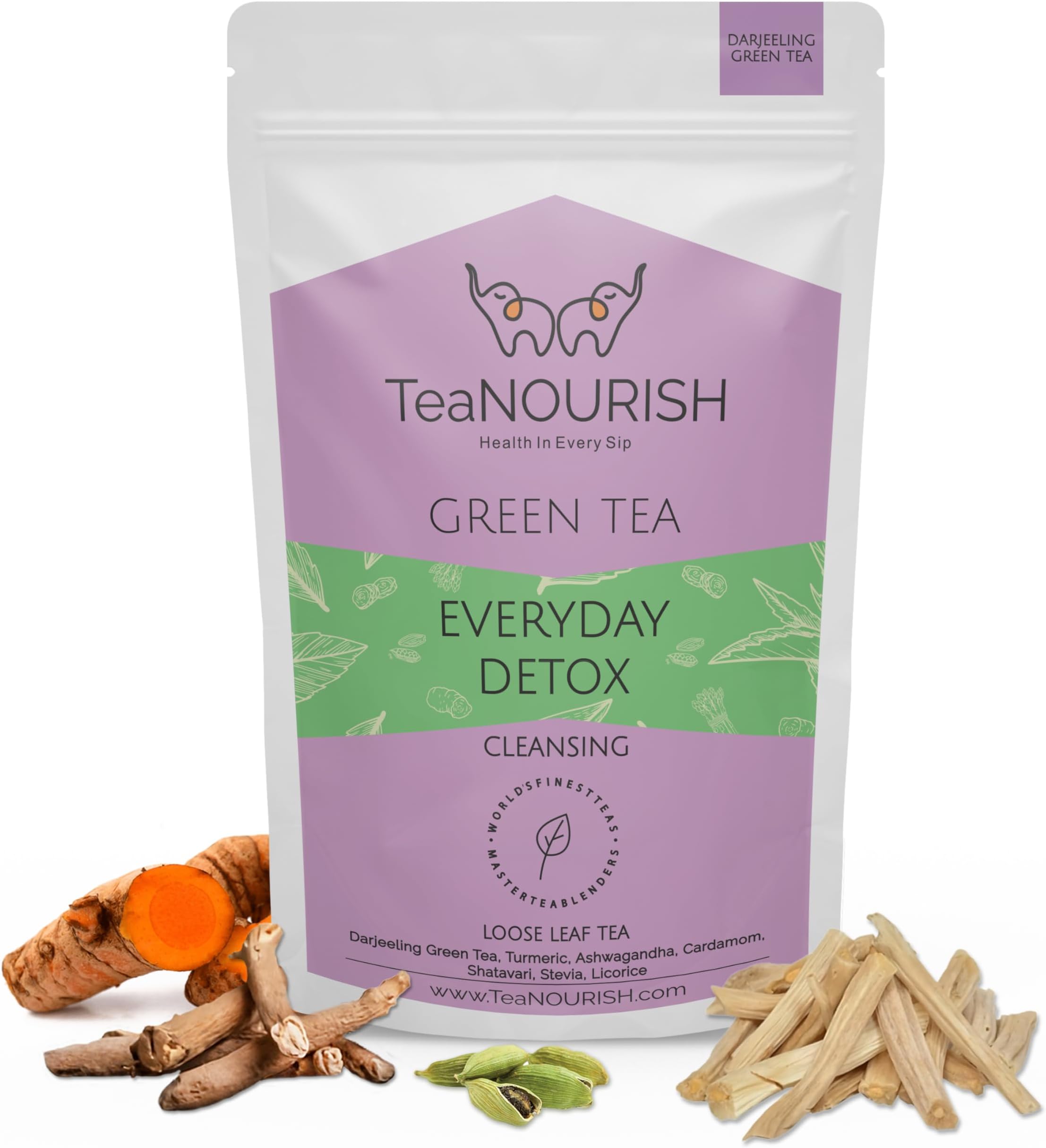 TeaNOURISH Everyday Detox Green Tea | Darjeeling Loose Leaf | 100% Natural Turmeric, Ashwagandha, Cardamom, Shatavari, Stevia | 50 Cups Hot Tea or Iced Tea - 3.53oz/100g