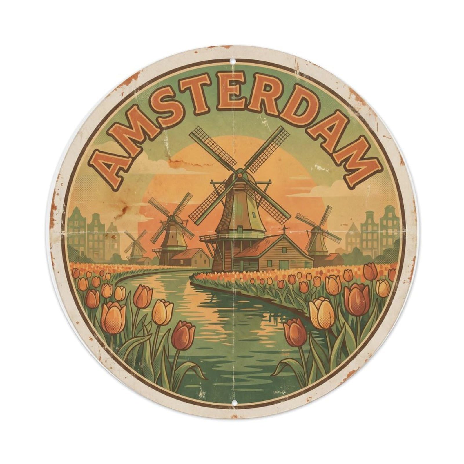 Vintage Travel Amsterdam Windmill Canal 1 Metal Tin Sign Plaque Wall Decor for Cafe, Club Bar, Office, Home Garden Round Metal Poster 8x8Inch