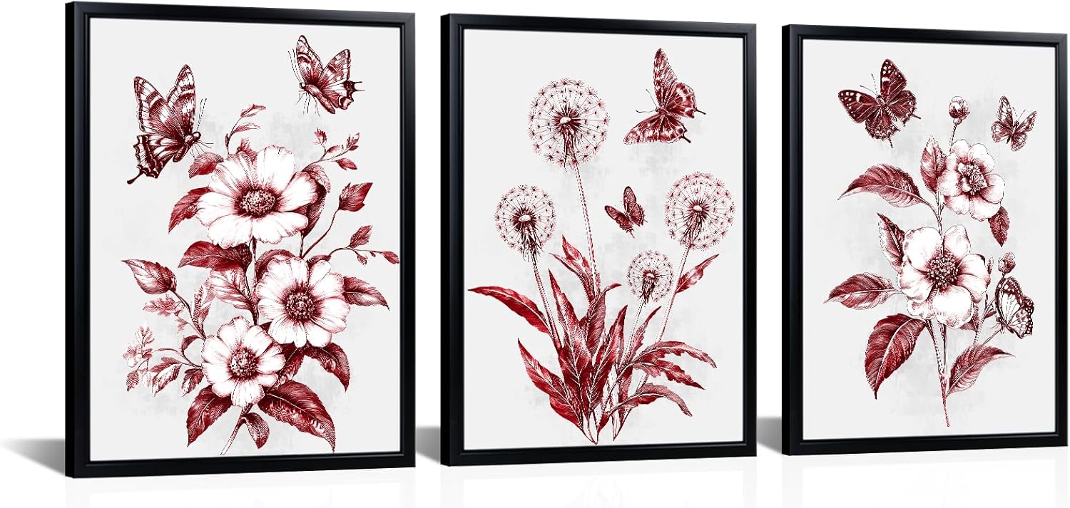 FuShvre Brown Bathroom Decor Sepia Flowers and Butterfly Pictures Wall Art Modern Floral Bathroom Wall Decor Black Frames Each Panel 12x16 Inches (Brown)