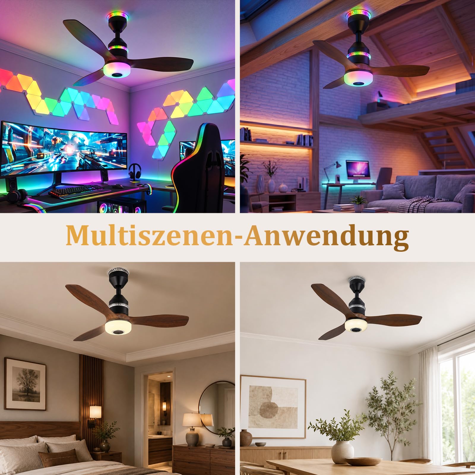 Smart Deckenventilator mit Beleuchtung, Bluetooth-Musik, Ø61cm RGB Dimmbar Deckenleuchte mit Ventilator, 3000-6500K, 3 Geschwindigkeit, Reversibel DC, für Schlafzimmer Kinderzimmer Garage