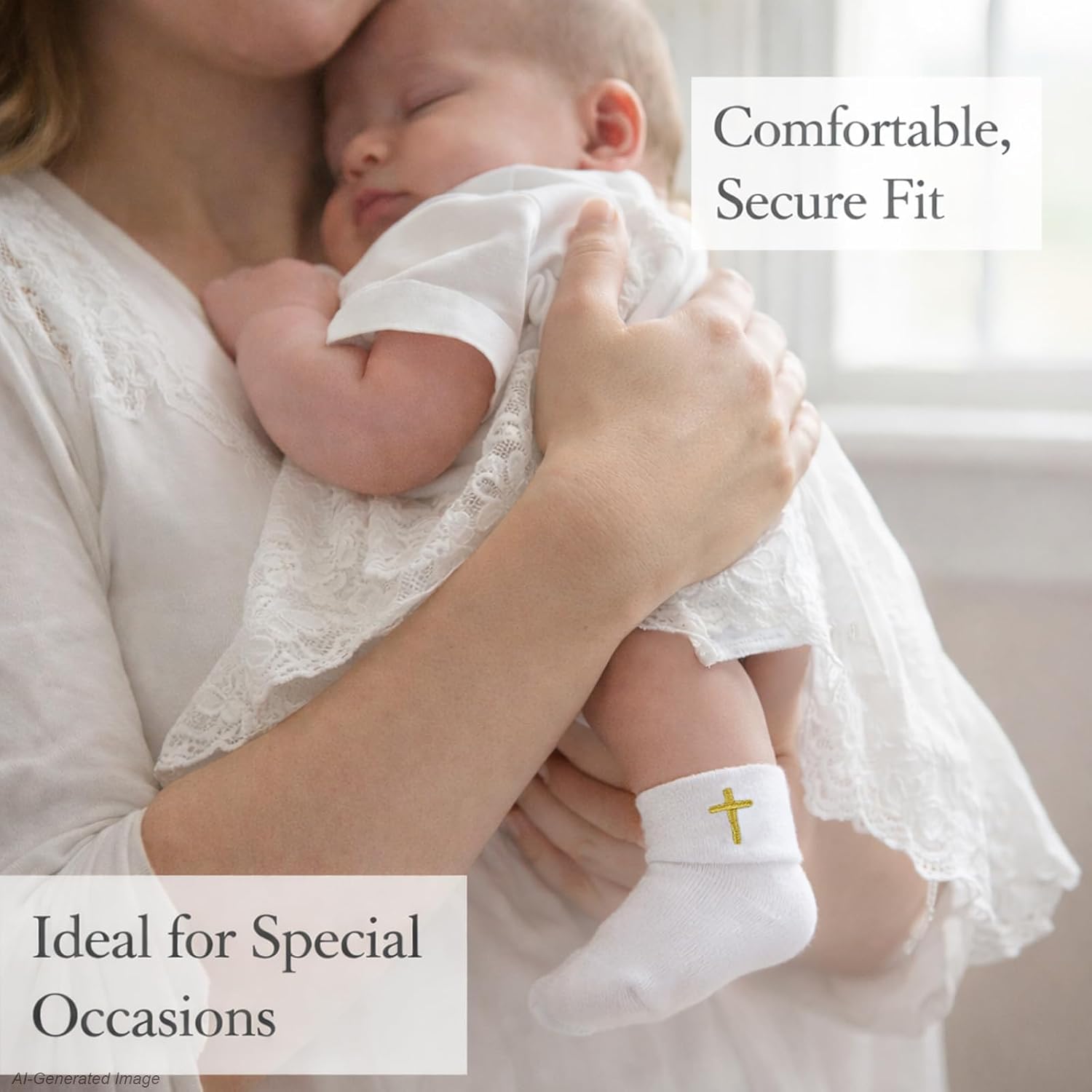 Baby Baptism Socks, 2 Pairs White Christening Socks with Cross Embroidery, Seamless Cotton, Lace & Turn Cuff