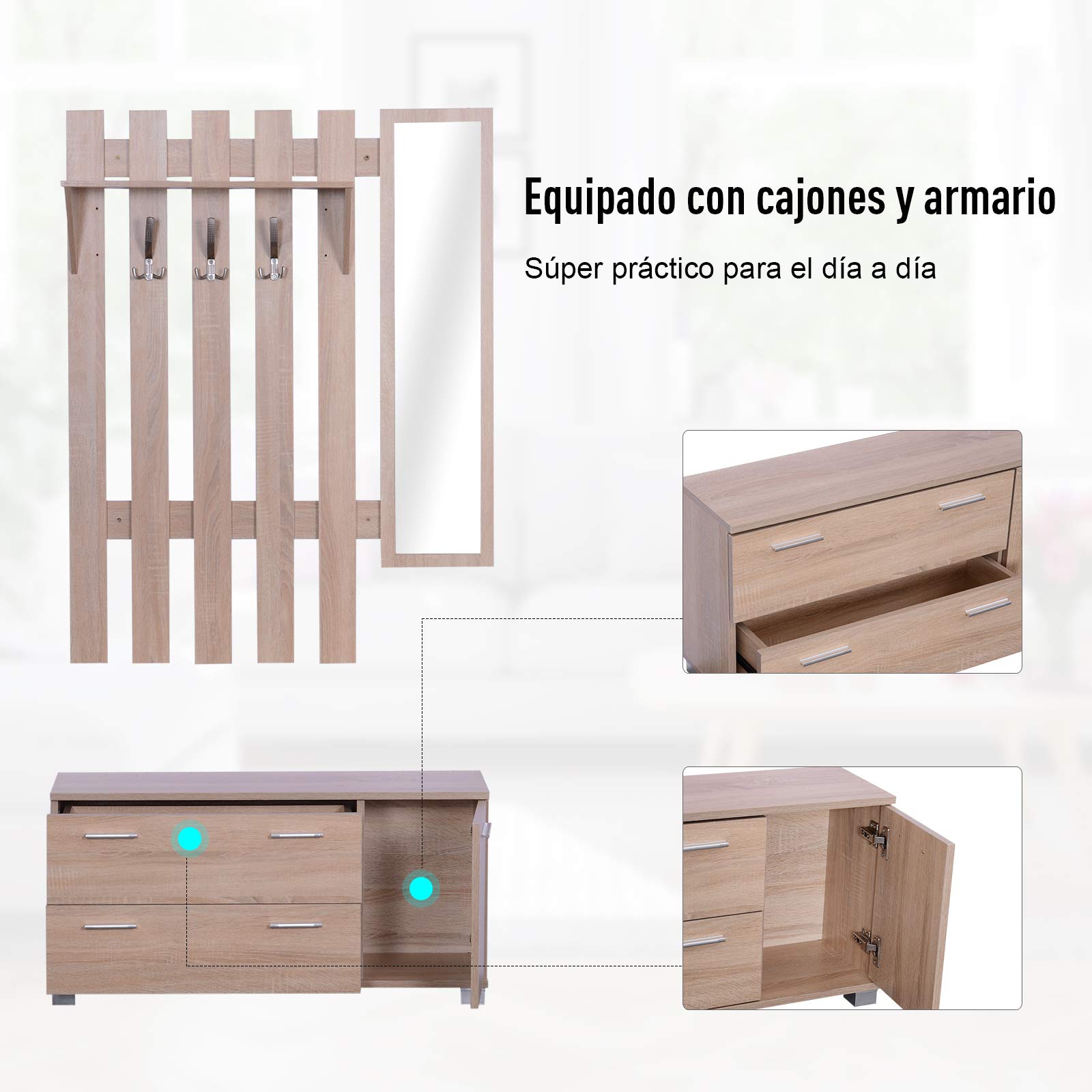 HOMCOM Conjunto de Recibidor de Entrada con Espejo Perchero y Zapatero Muebles de Entrada con 3 Ganchos Estante y 2 Cajones para Pasillo Roble
