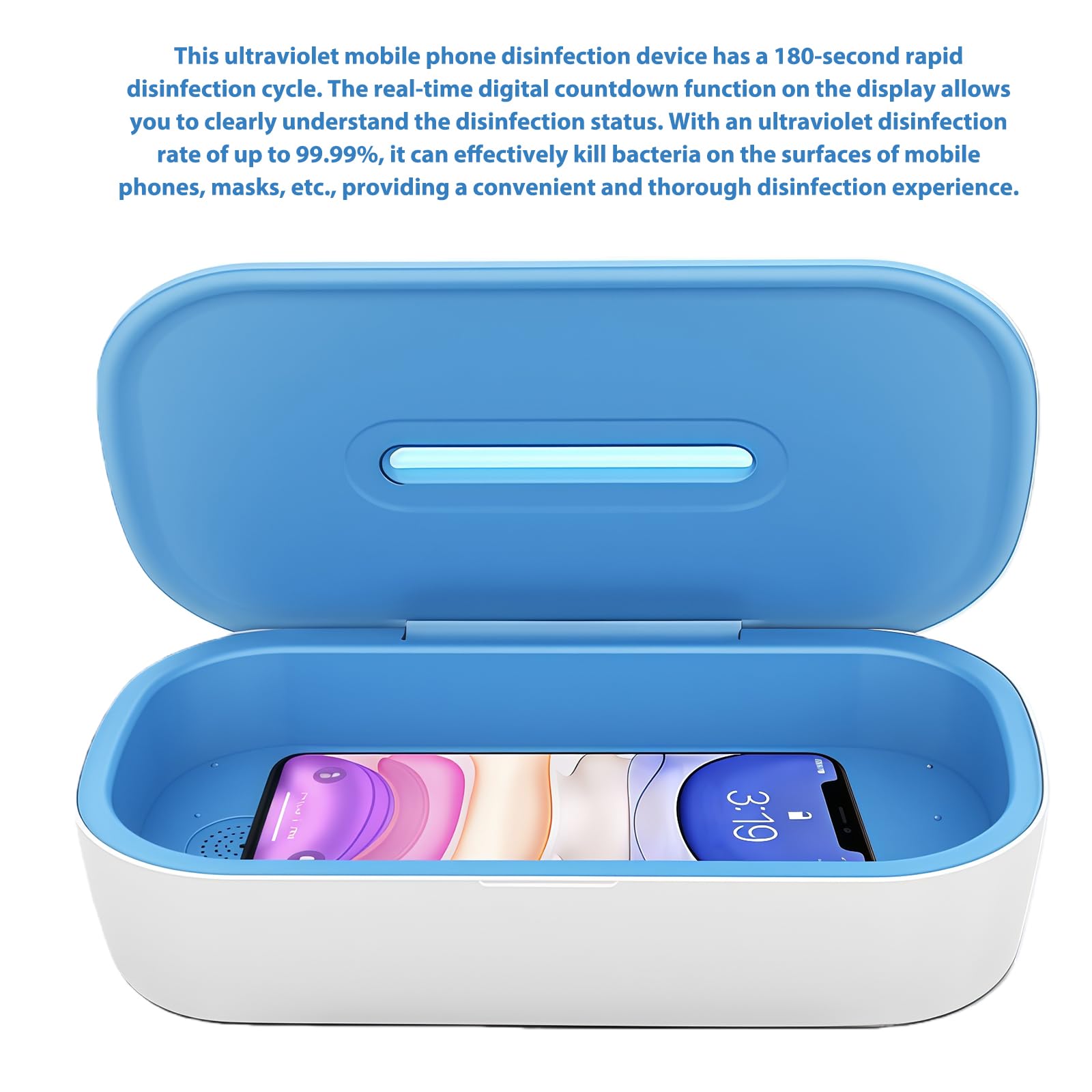 Disinfettante UV per cellulare in ABS: scatola disinfettante UV con display digitale, alimentazione tramite USB, sterilizzatore per unghie, con 2 contagocce per cellulare, maschere, occhiali