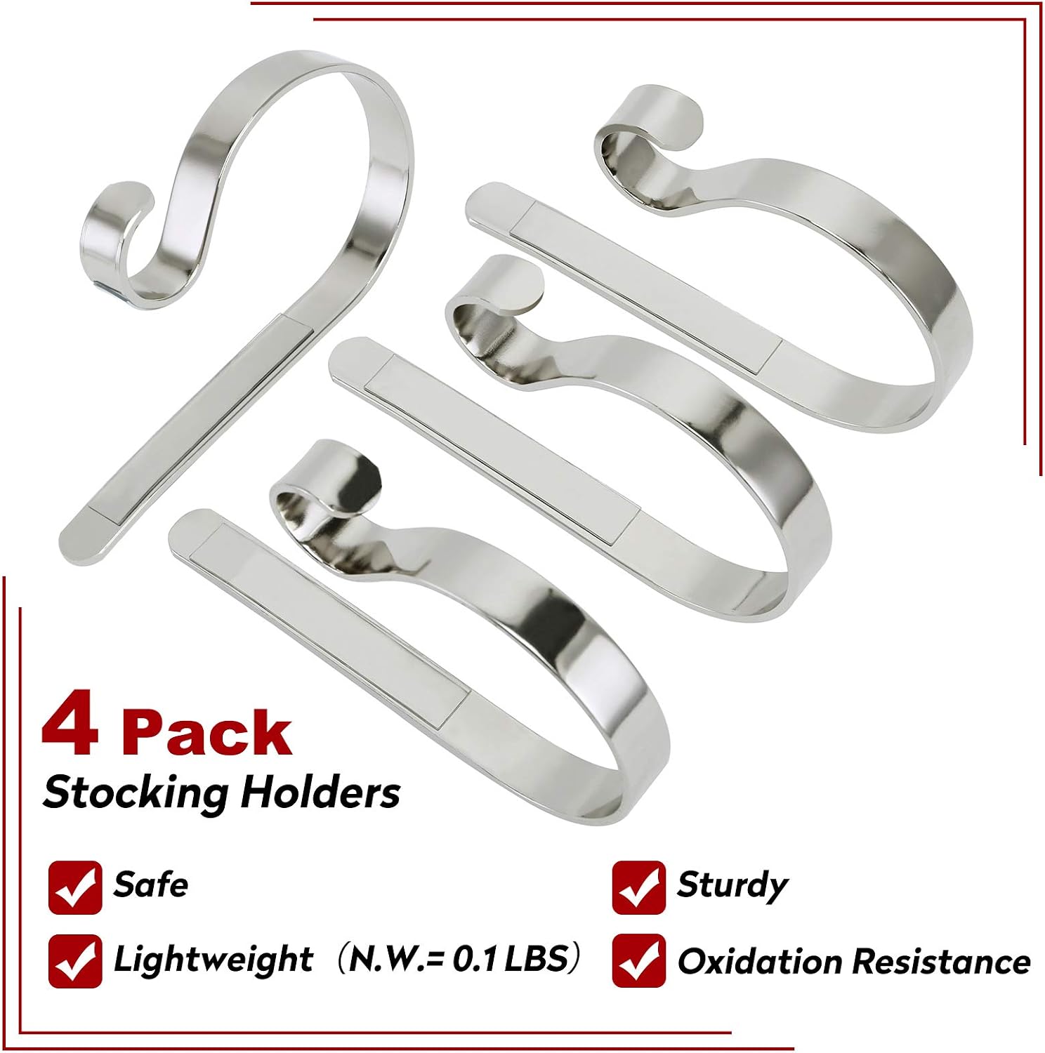 Christmas Stocking Holders for Mantle,4 Pack Adjustable Stocking Holder Non-Skid Stocking Hangers Lightweight Stocking Hooks for Fireplace Home Decor