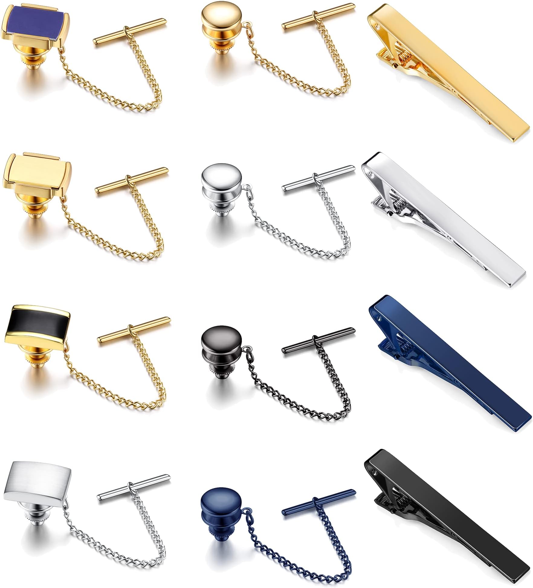 Thunaraz Tie Tacks for Men Tie Bar Clip for Regular Ties Necktie Mens Ties Tacks Clutch with Chain for Wedding Business Pin Clips Mixes Color