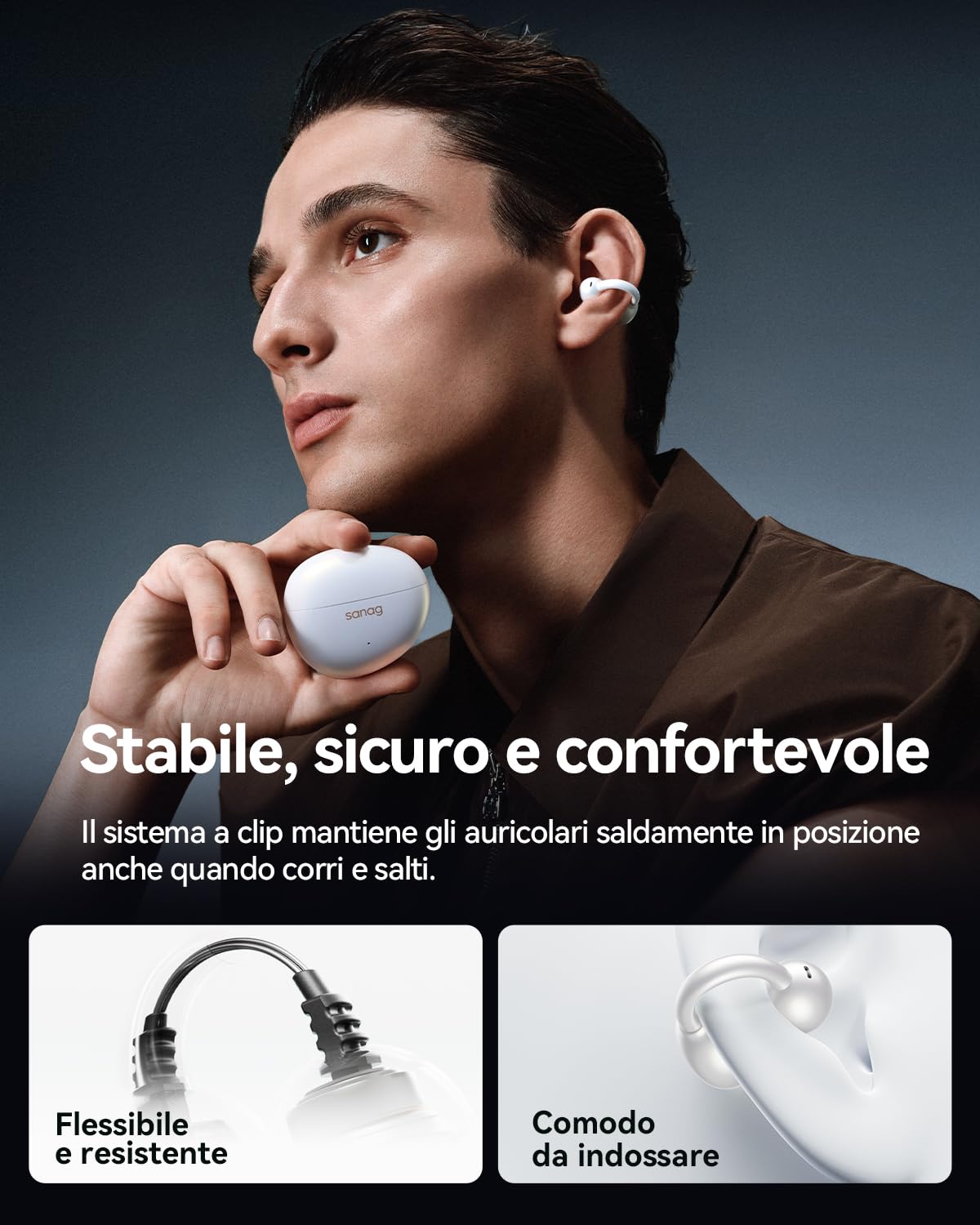 SANAG Cuffie Open Ear Bluetooth 6.0, Auricolari Clip-on Senza Fili con Audio Dyna HiFi, Anti-Perdita di Suono, AI ENC, IP67 Impermeabile, Batteria 40H, Controllo App per Sport Corsa