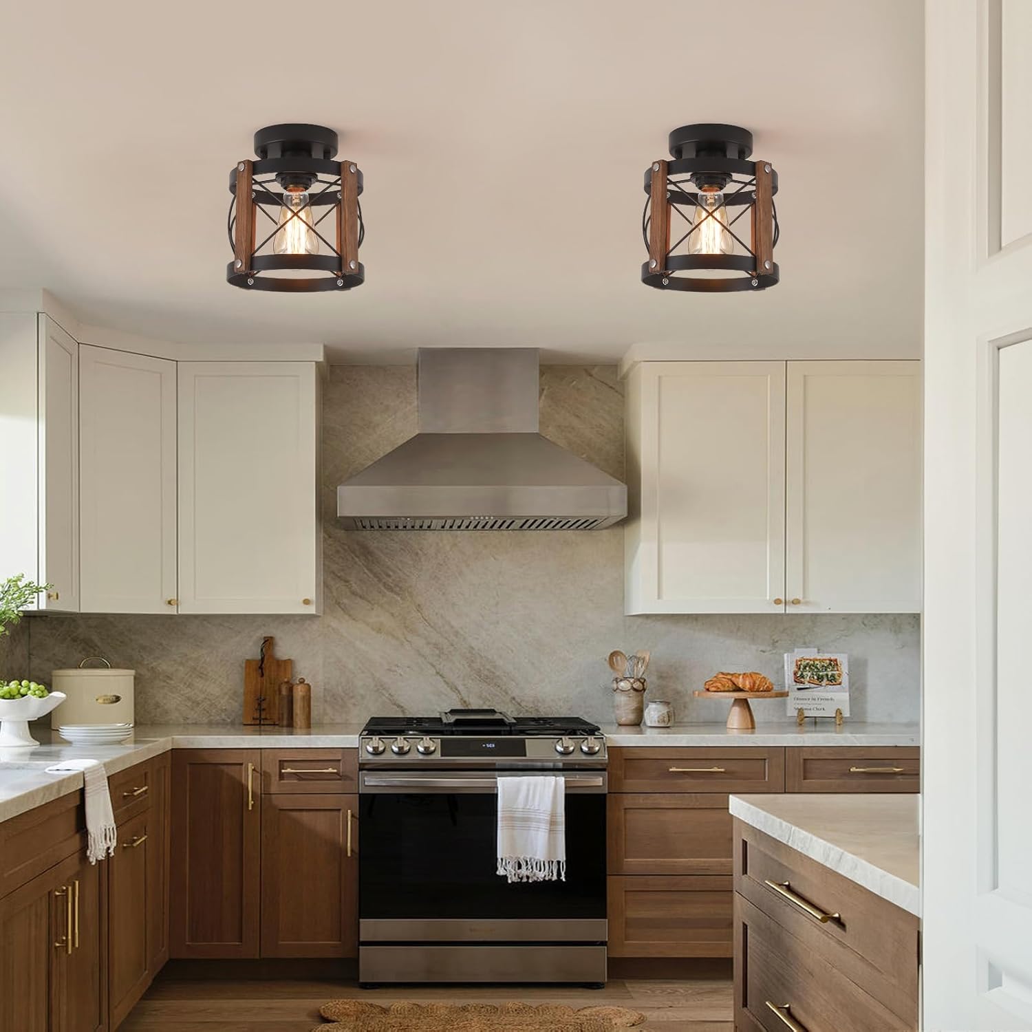 Rustic Farmhouse Wood Flush Mount Ceiling Light Fixture Oak Wood and Metal Round Cage Small Semi Flush Mount Ceiling Light for Kitchen Entry Bedroom Country Hallway Farmhouse, Black