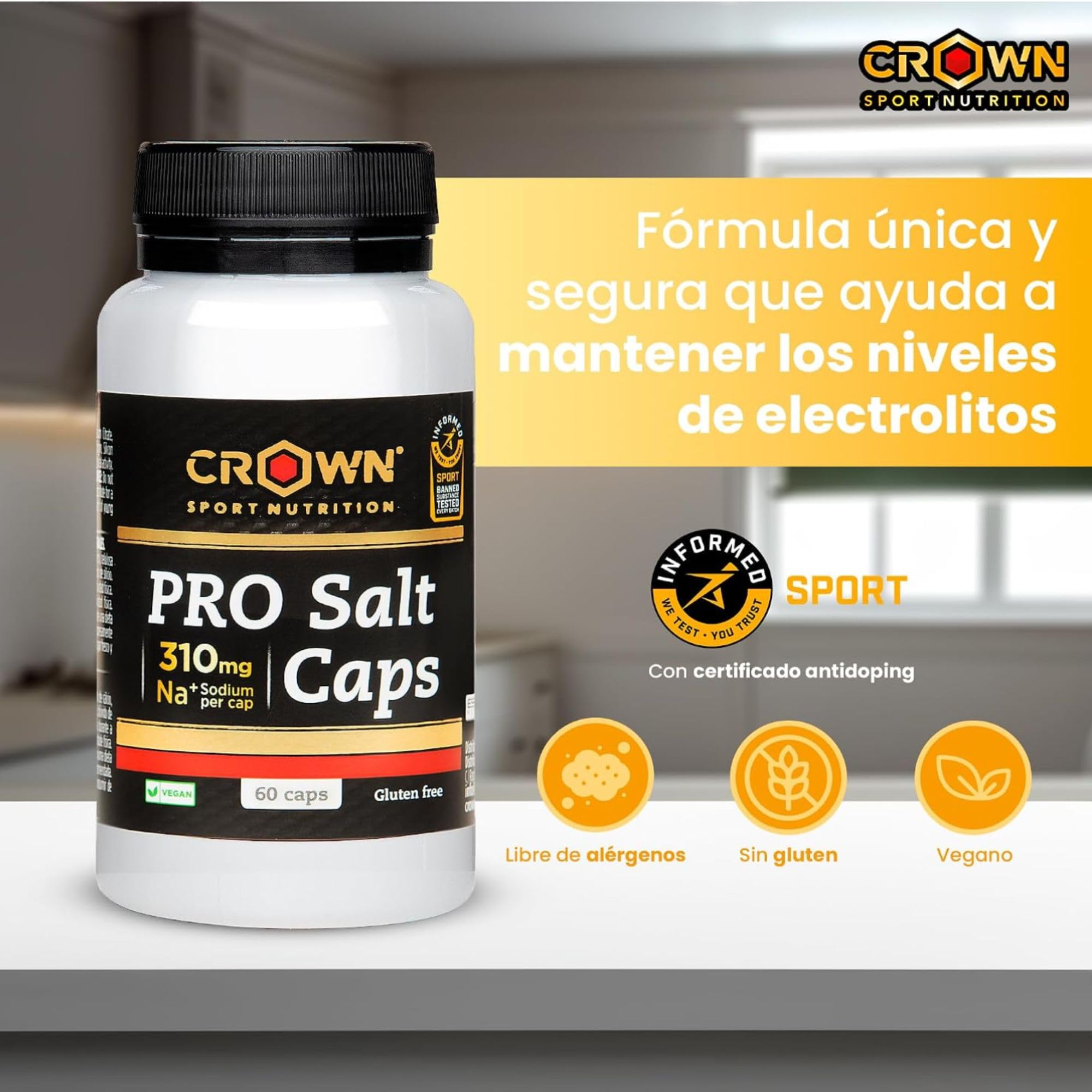 Crown Sport Nutrition Pro Salt Caps | Electrolitos Sodio 310 mg Cápsula | 60 Cápsulas | Sales orgánicas altamente asimilables | Certificado antidoping Informed-Sport