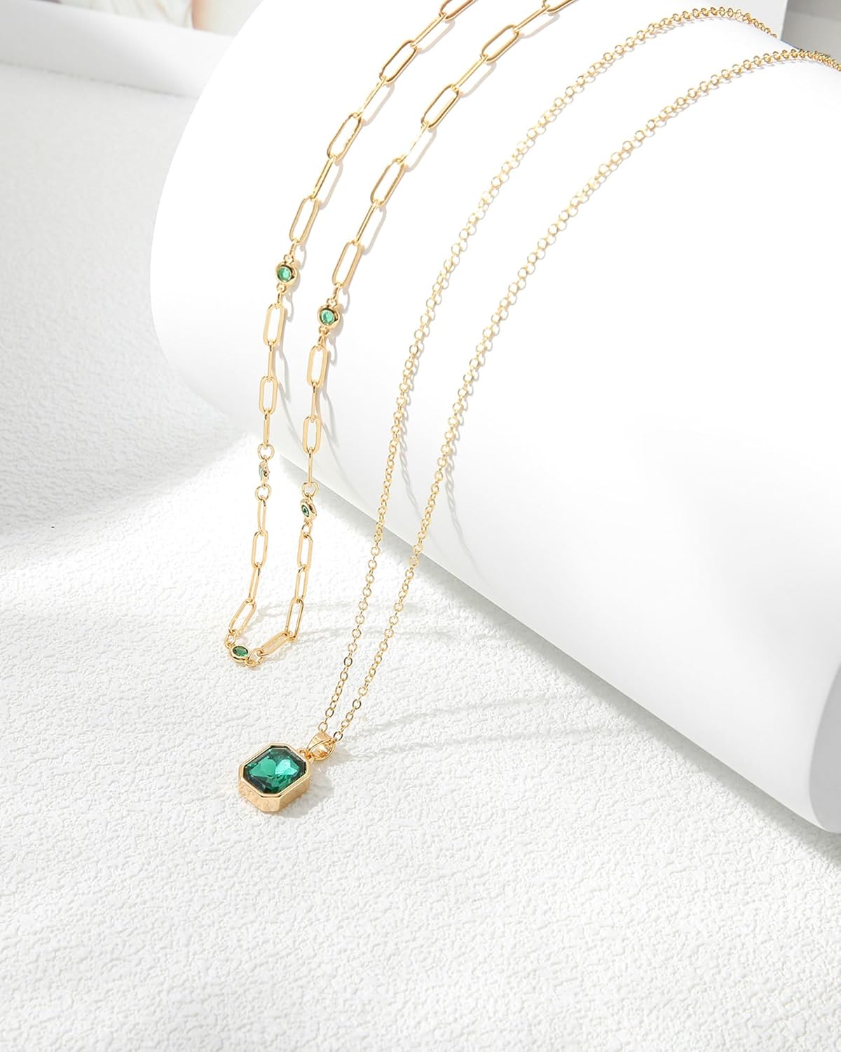 Lourny Gold Layered Crystal Necklace for Women, 18K Gold Plated Choker Emerald Green Dainty Chain Trendy Statement Necklace Jewelry for Women Gifts - Image 6