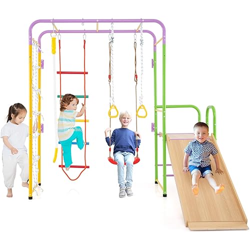 Costzon 8 in 1 Climbing Toys for Toddlers, Steel Ladder Wall Set Toys w/Slide, Swing, Monkey Bars, Indoor Montessori Playground Jungle Gym for Exercise, Climber Ladder for Boys Girls Gift 3+ Years Old