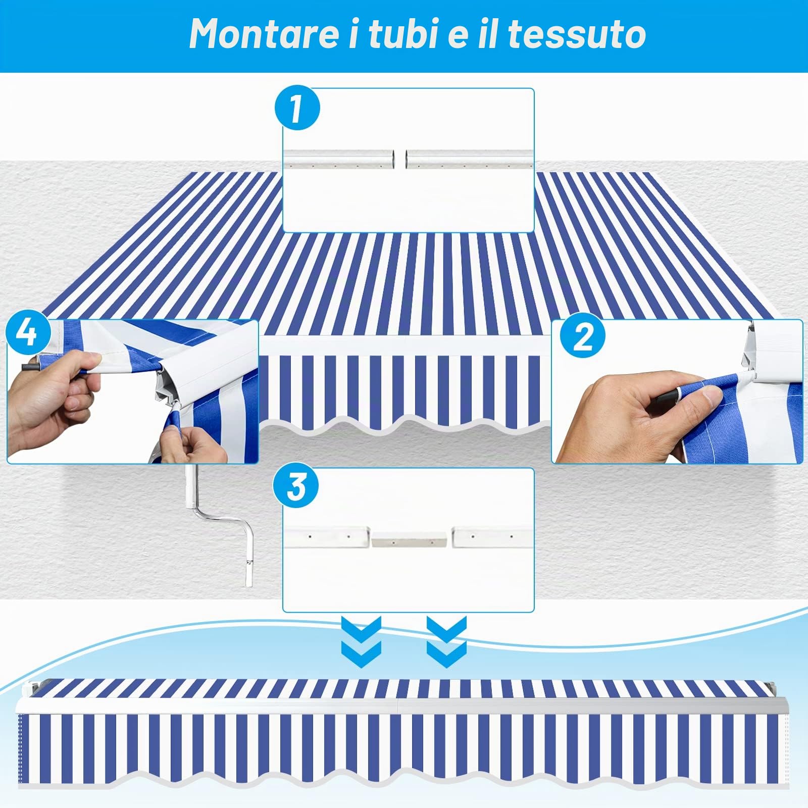 Tenda da sole con braccio snodato, 350x300cm Tenda da sole per Terrazze, Angolazione Regolabile, Meccanismo Manuale, Tenda da Sole Avvolgibile Anti-UV Impermeabile, Blu e Bianco
