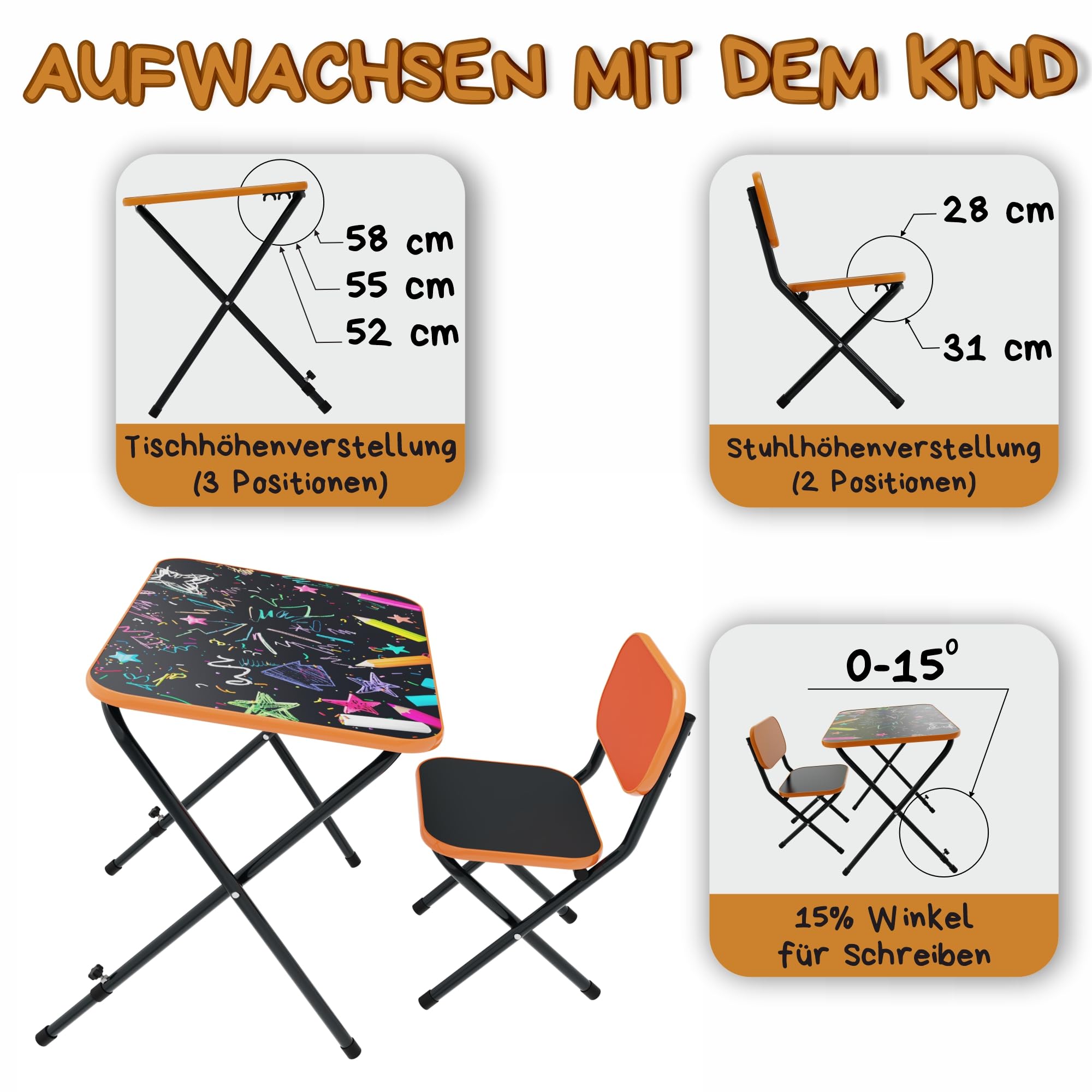 VILHA Table pour enfant avec 2 chaises - Ensemble de sièges évolutifs et pliables - Table de jeu pratique pour les tout-petits - Plateau inclinable - Orange