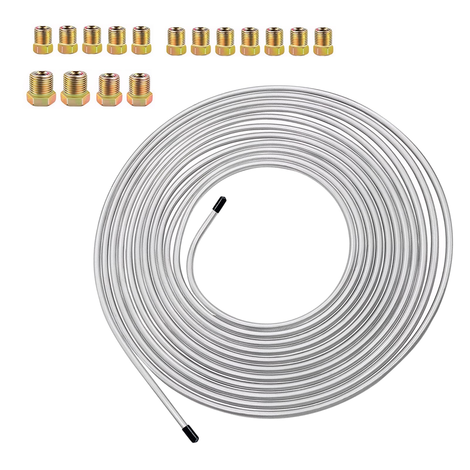 getfay 1 PC Auto Brake Brake Hose, 3/16" OD Aluminum Tube Brake Line with Inverted Tube Nut Fitting Kit, Flexible Automotive Hose Coil Replacement Fitting, Universal for Most Cars (Silver)