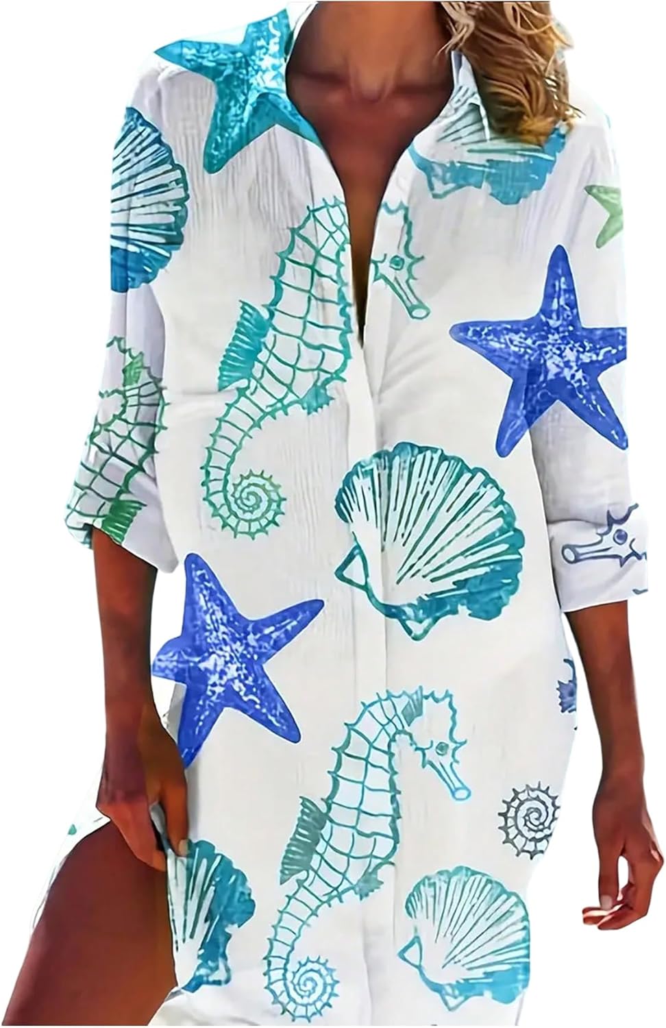 Beach starfish print button down shirt dress for women