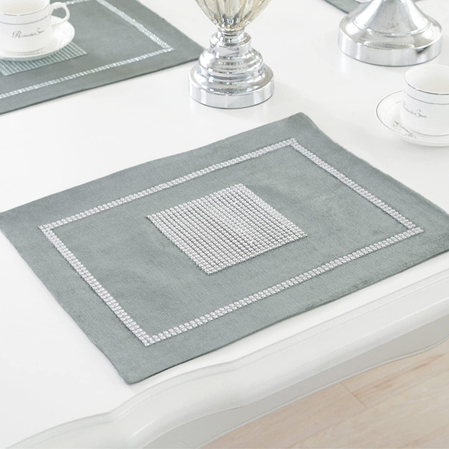 HeMiaor Set of 6 Grey Luxurious Placemats Perfect for Dinner Table, Non-Slip Velvet Table Mats 12x16 Inches…